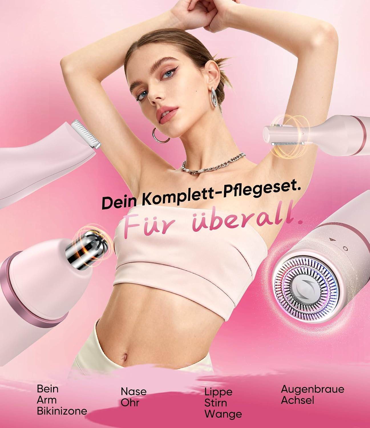 Eine Frau posiert mit einem rosa Hautpflege-Set. Mehrere Trimmer sind zu sehen.