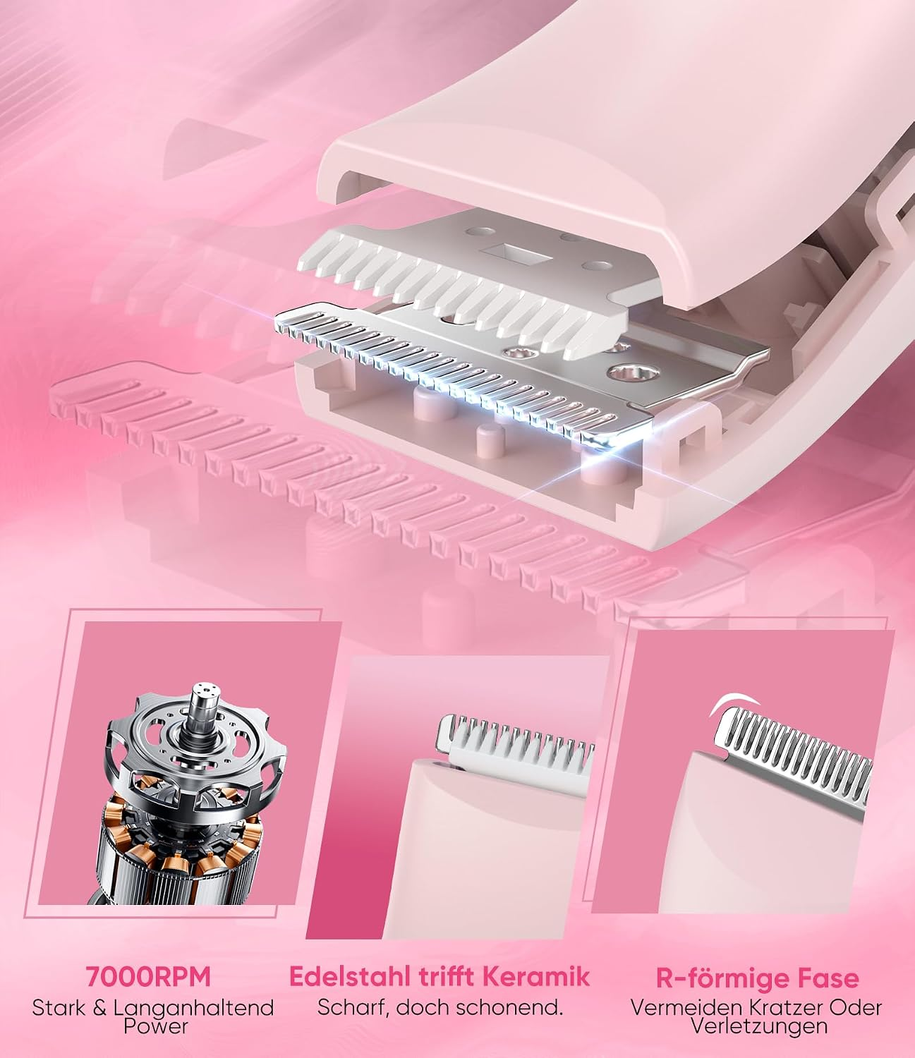 Nahaufnahme eines rosa Haarschneidegeräts mit Klingen und Motor.