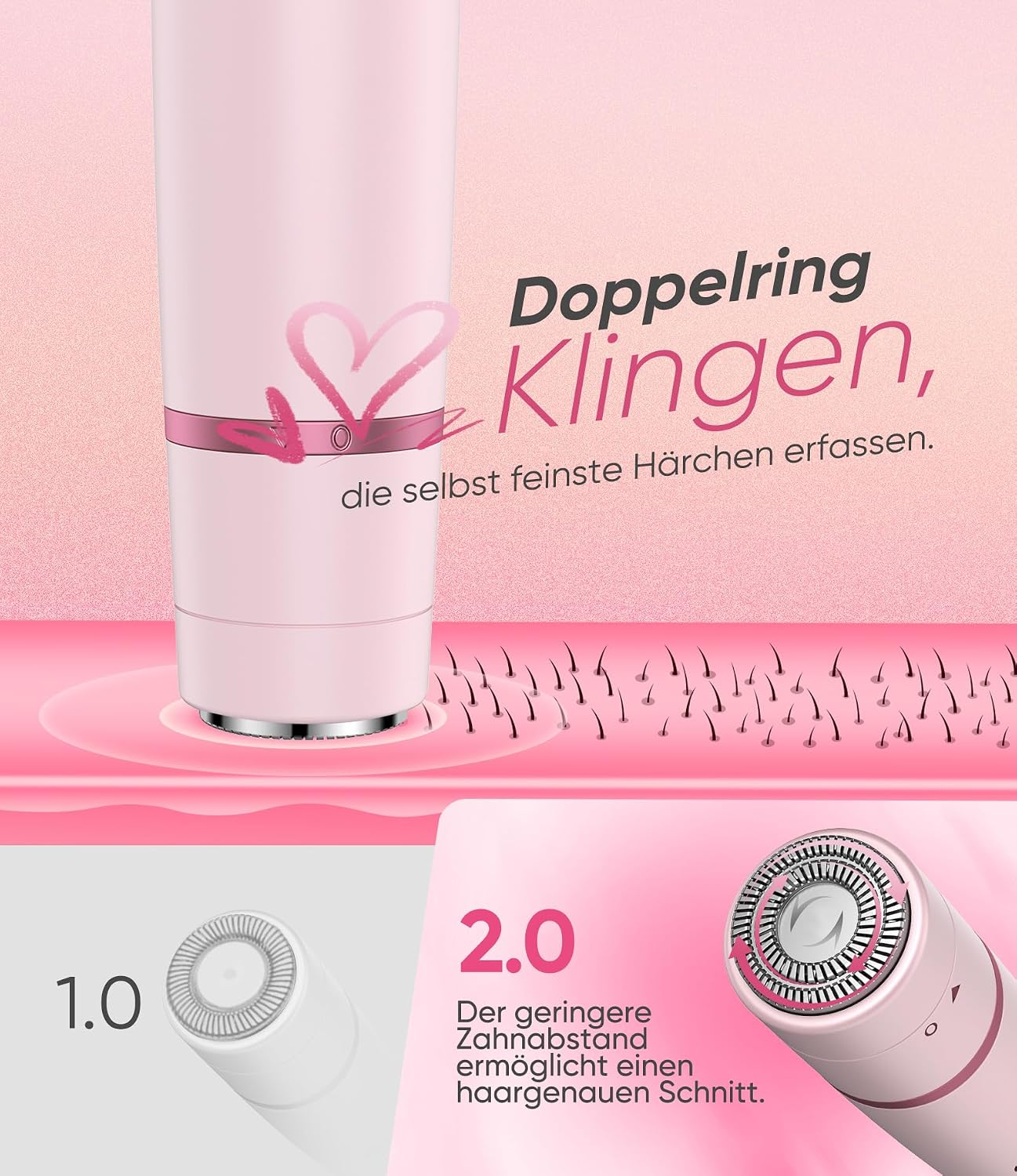 Ein rosa Epilierer mit Doppelringklingen, der feine Haare entfernt.