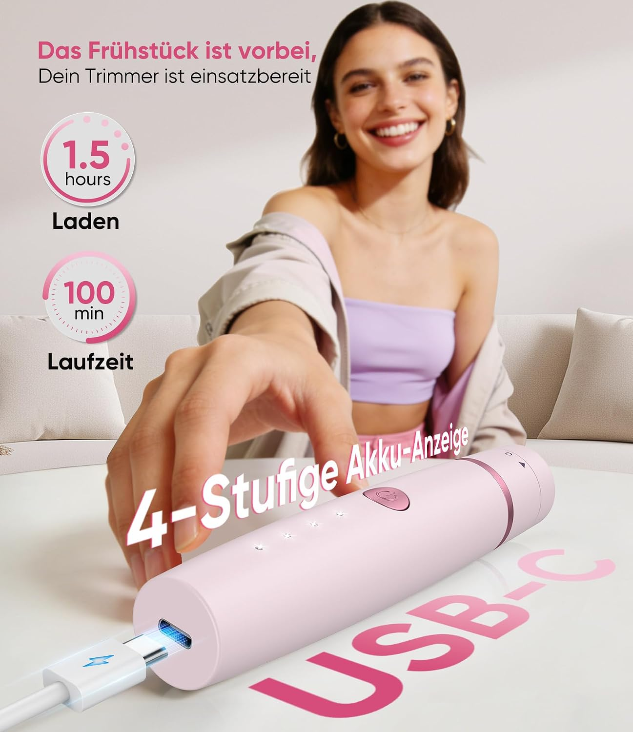 Ein rosa Trimmer wird per USB-C geladen. Eine Frau lächelt im Hintergrund.
