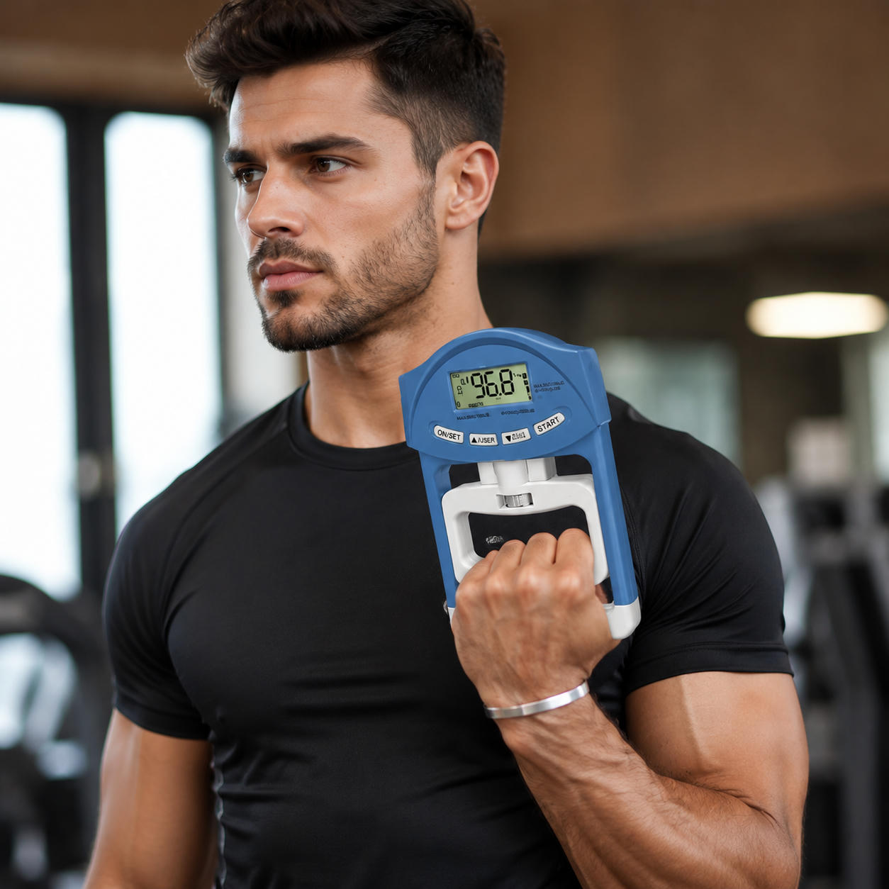 Un uomo con capelli scuri tiene un dinamometro blu con display digitale in una palestra.
