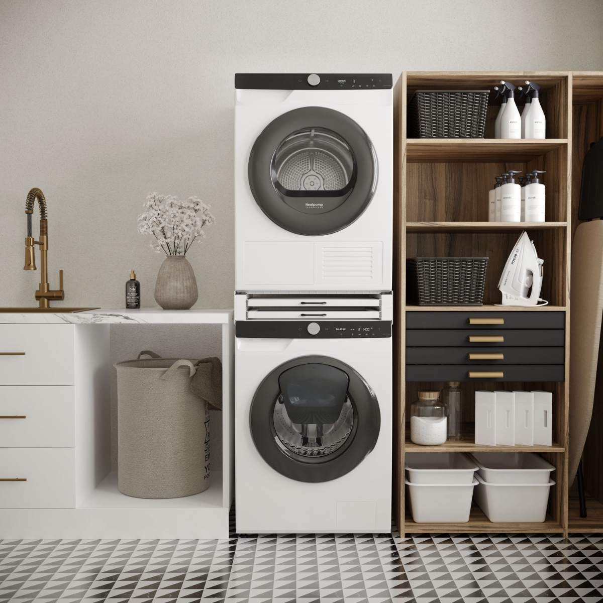 Moderne wasruimte met witte wasmachine, droger, houten planken en accessoires.
