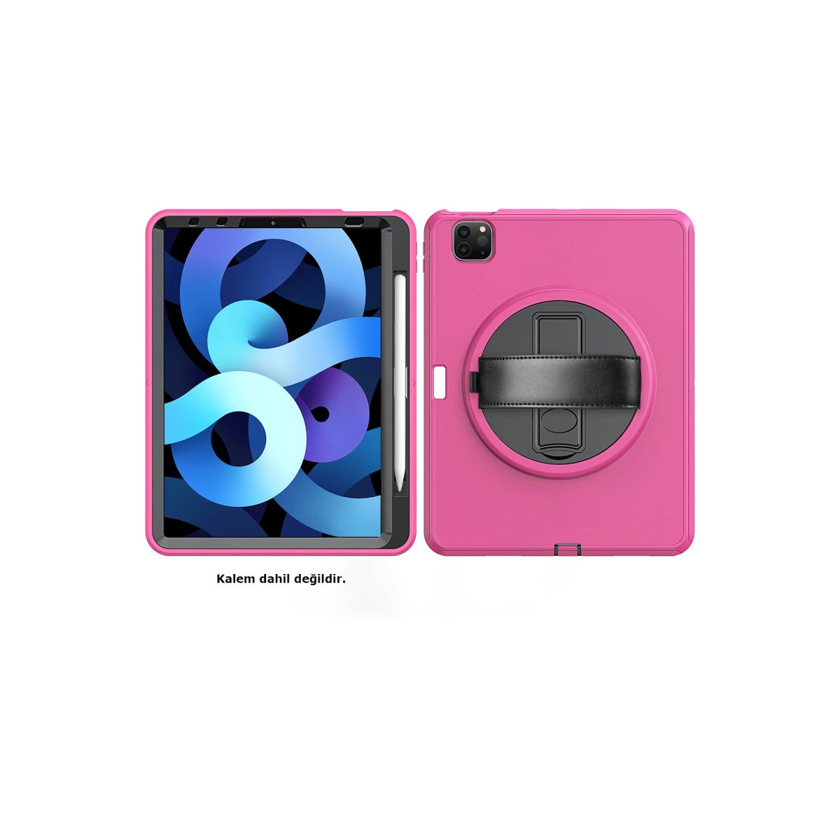Pembe iPad kılıfı önden ve arkadan, ekran ve arka tutamaklı.