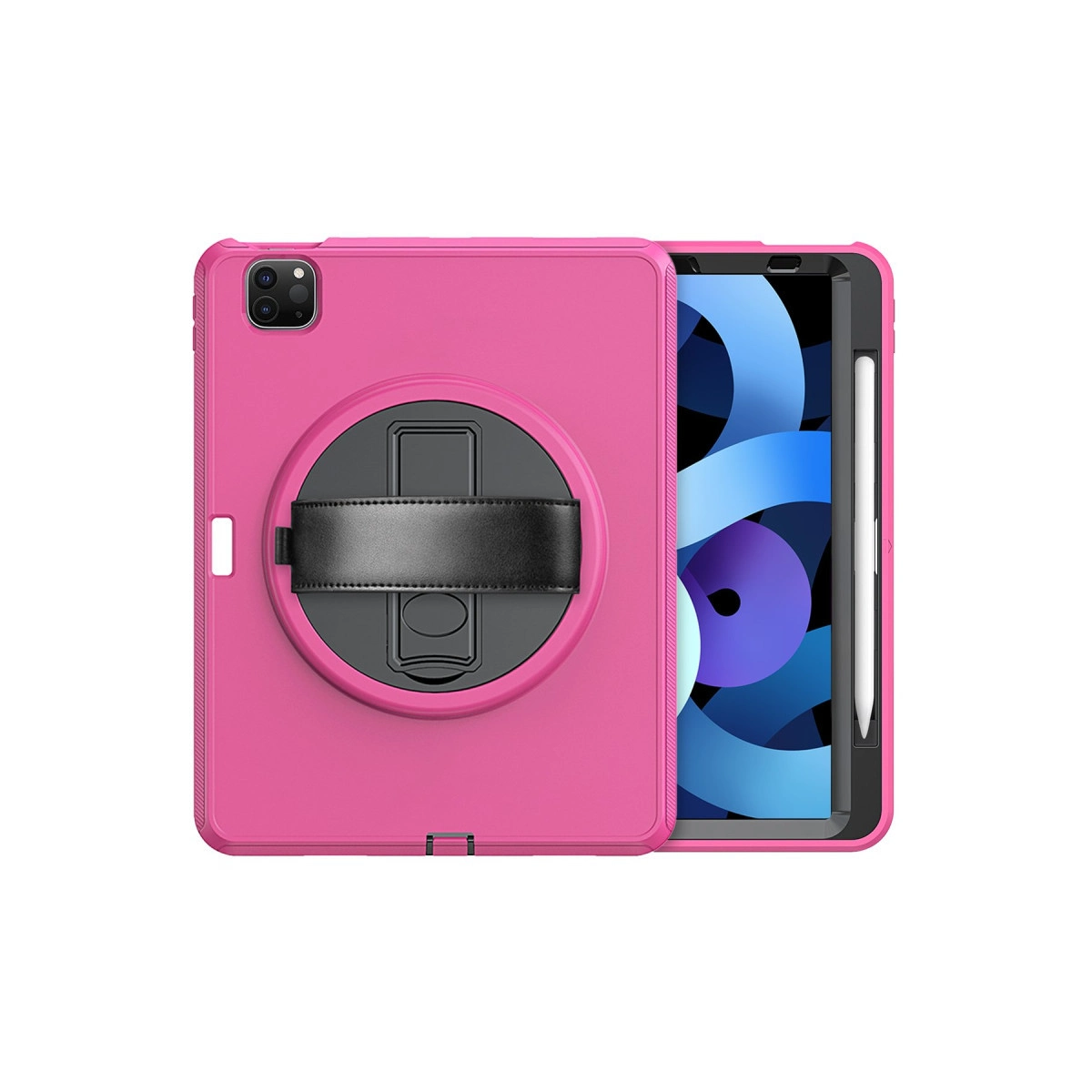 Kayışlı ve kalem tutuculu pembe tablet kılıfı. Ekran soyut bir desen gösteriyor.