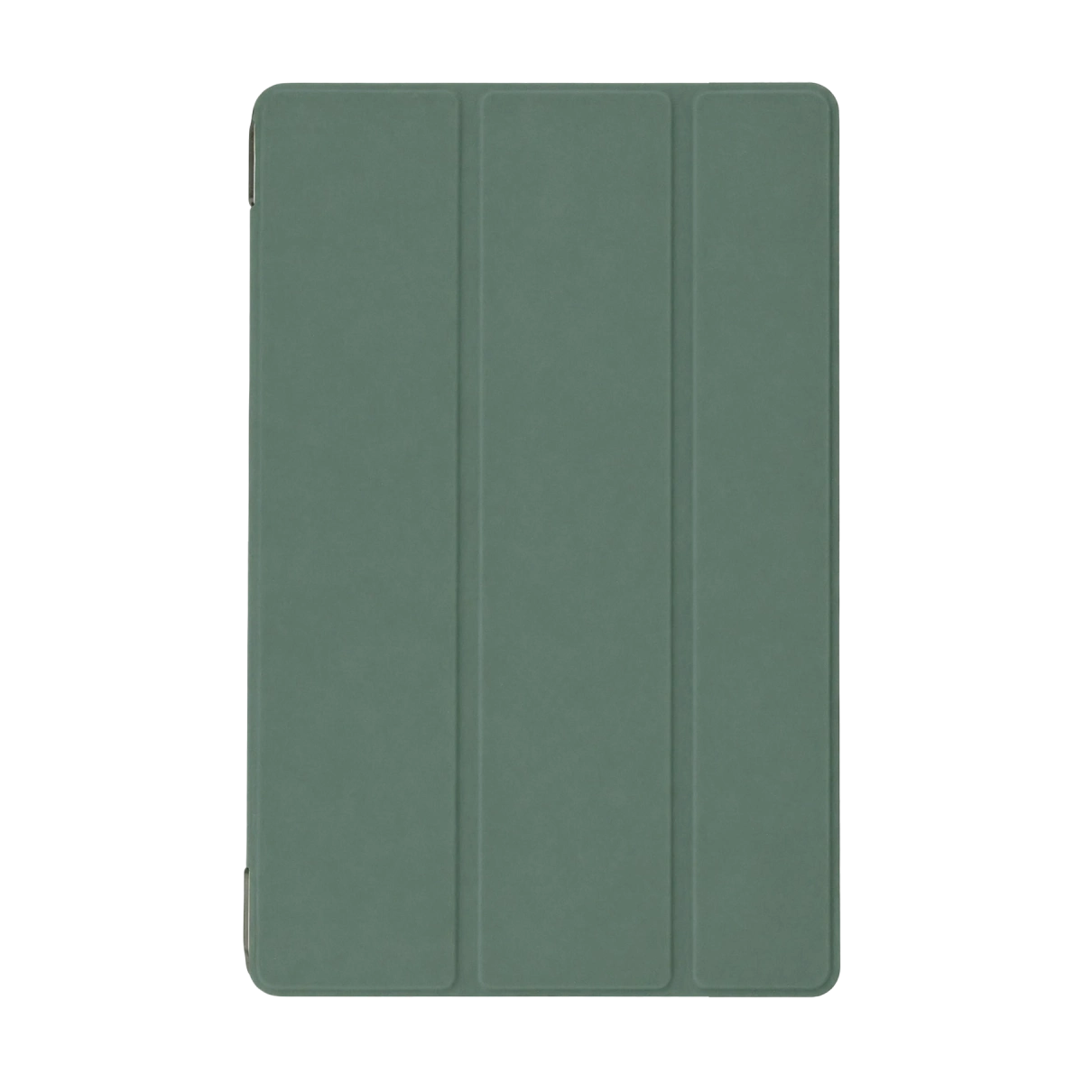Üç dikey katlanmış yeşil tablet kılıfı, beyaz arka planda.