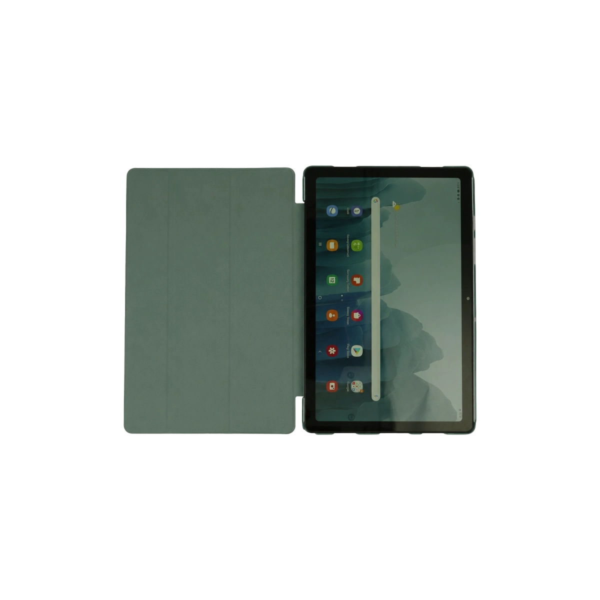 Açık yeşil bir tablet, beyaz zeminde yan tarafına açık olarak duruyor.