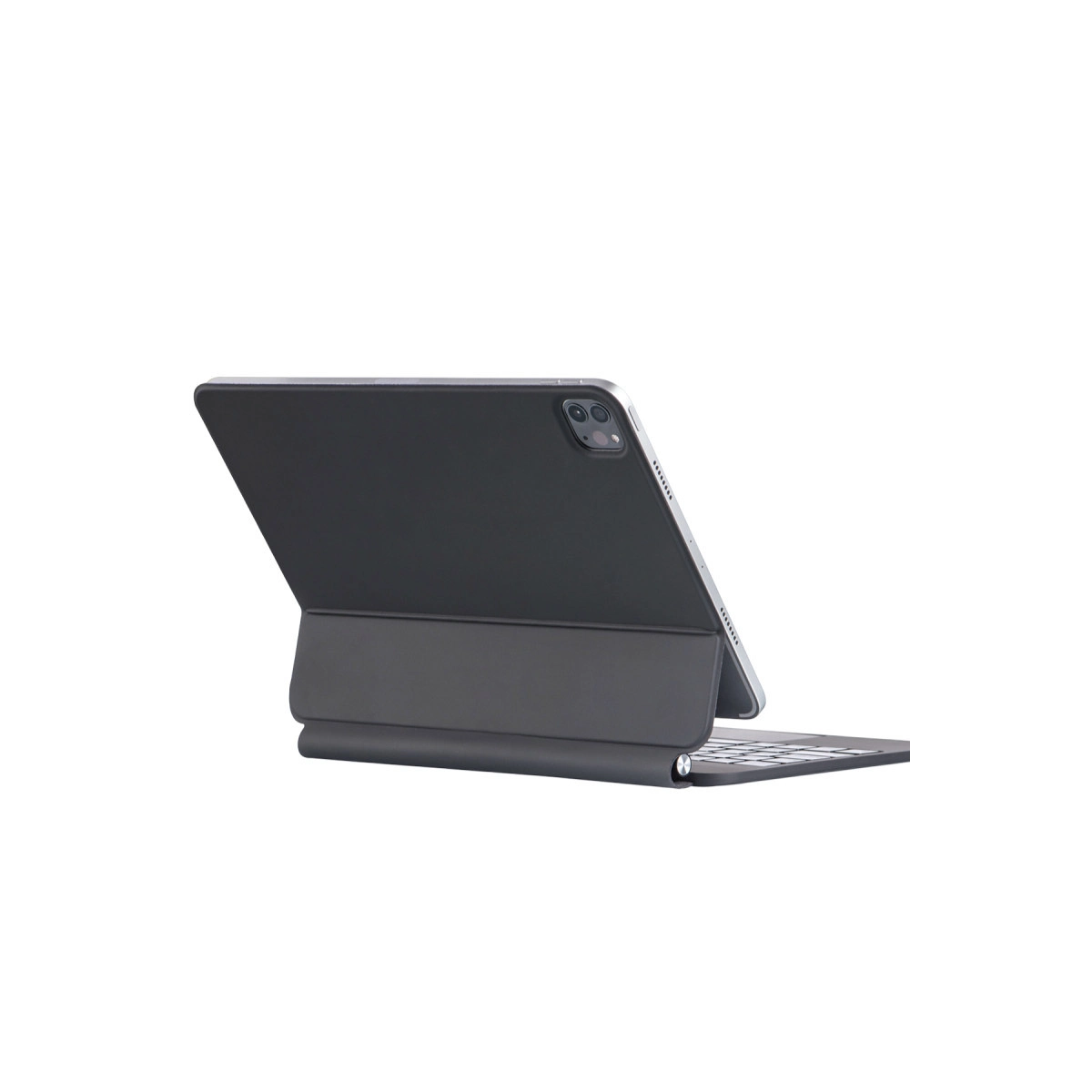 Arkadan görünümde, klavyeli kılıfı olan gri tablet.
