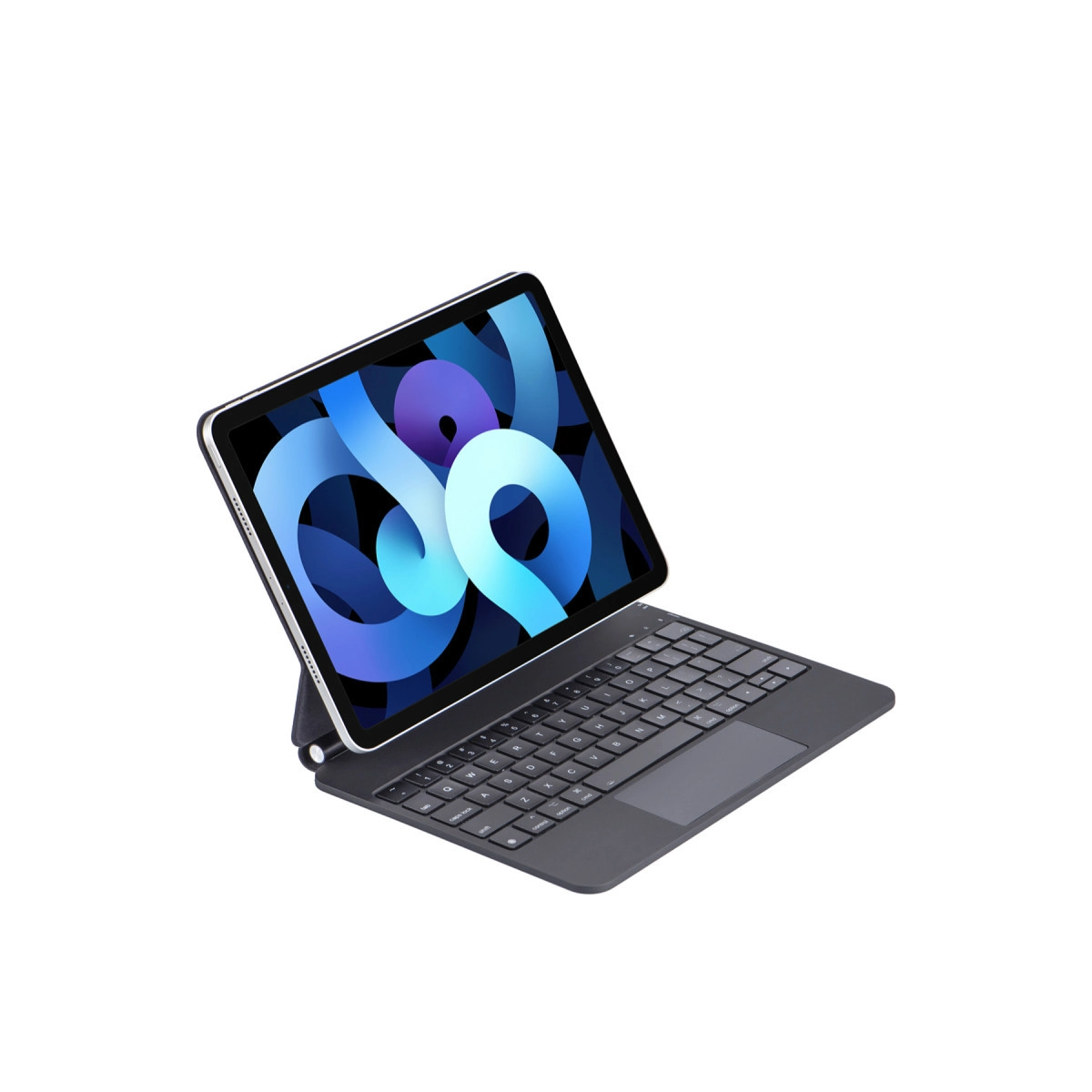 Beyaz arka plan üzerinde yatay modda klavyeli gümüş iPad.