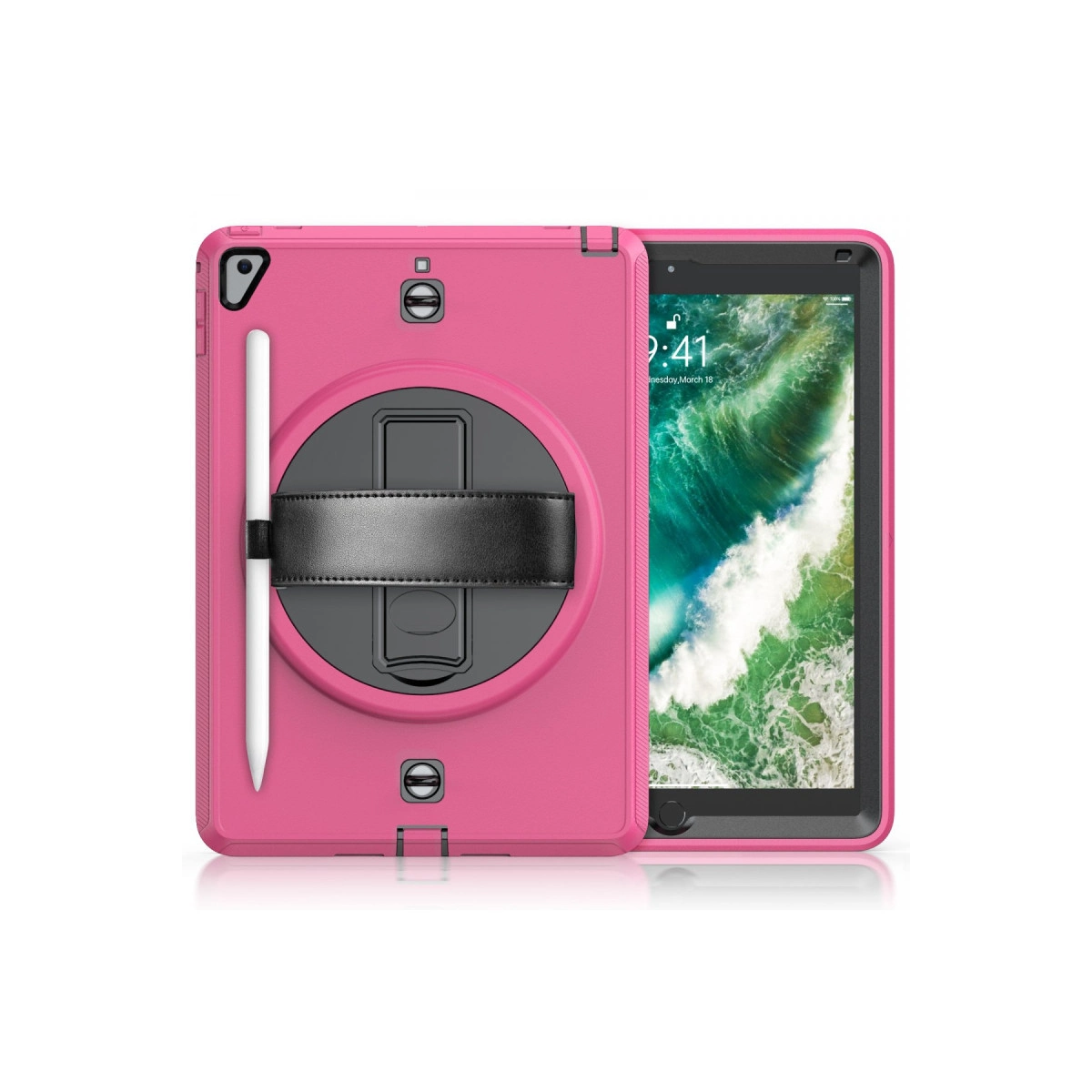 Kalem tutuculu ve entegre stantlı pembe tablet kılıfı.