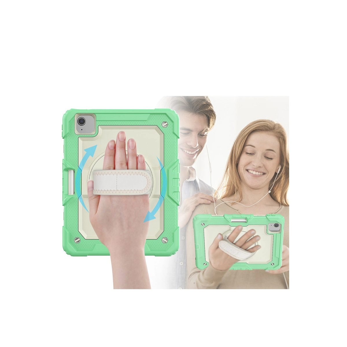 Yeşil tablet kılıfı elde tutma kayışlı. Arkada erkek ve kadın.