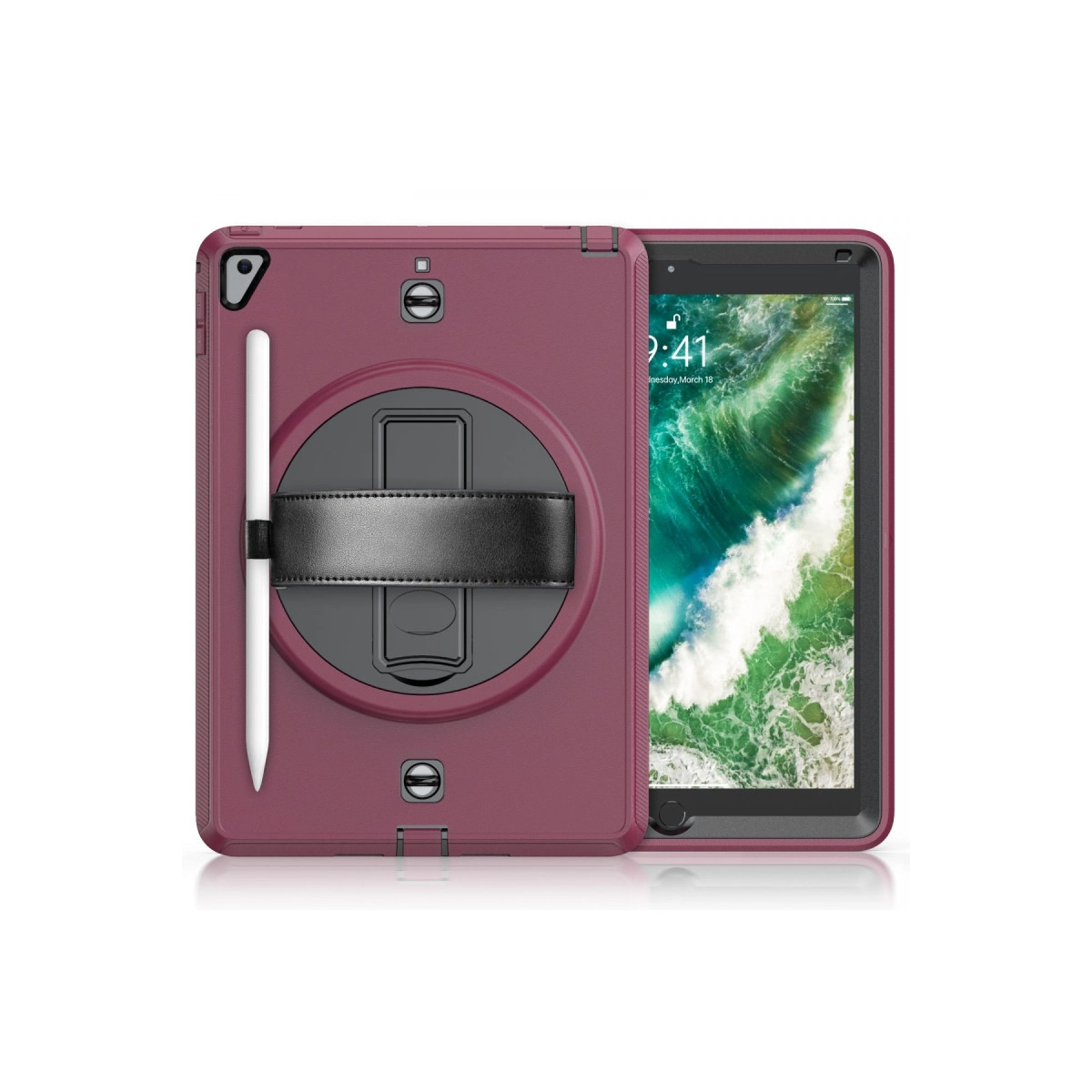 Kalem tutucu ve tutma yeri olan mor bir tablet kılıfı.