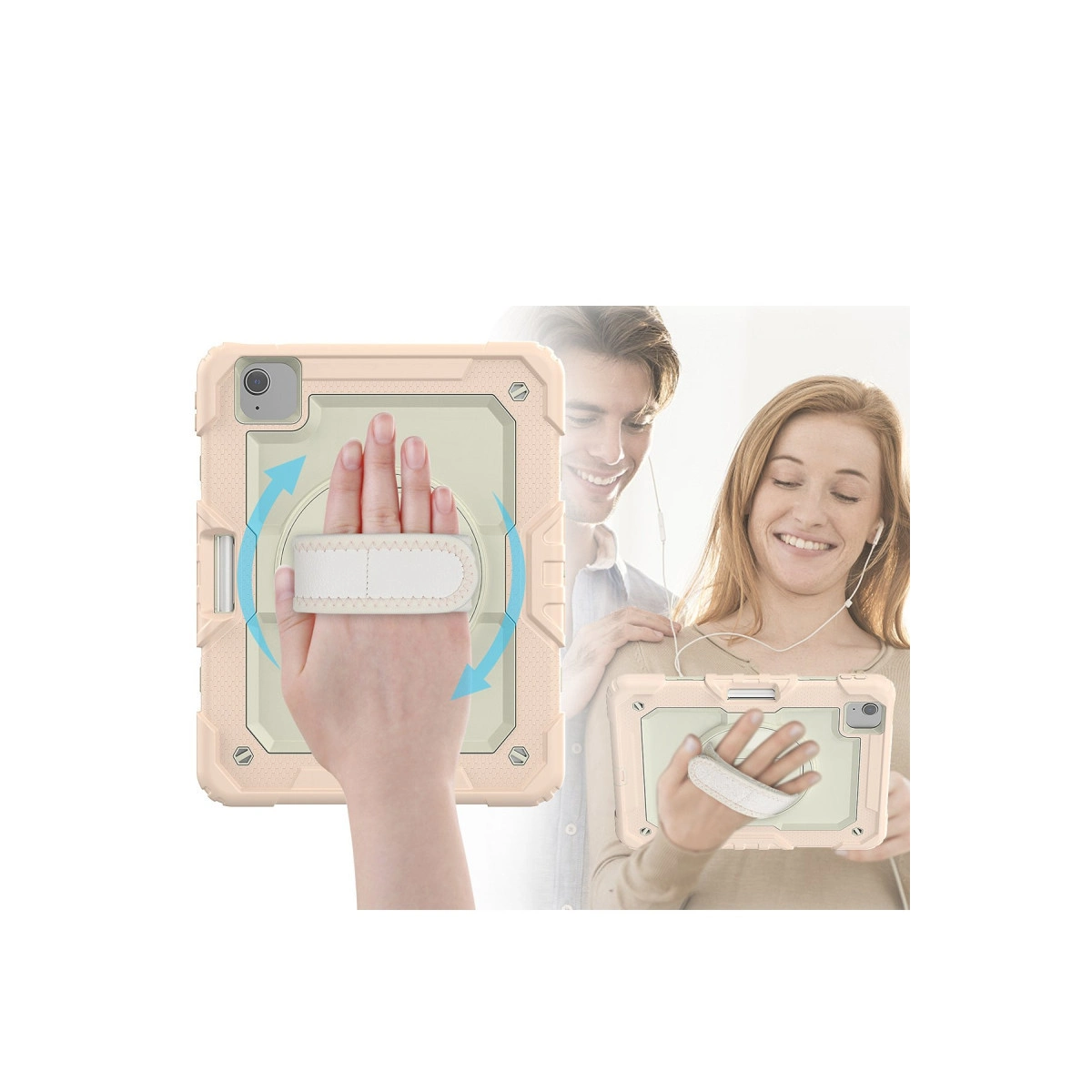 Kemerli bej tablet kılıfı bir el tarafından tutuluyor. Arkada bir çift gülümser.