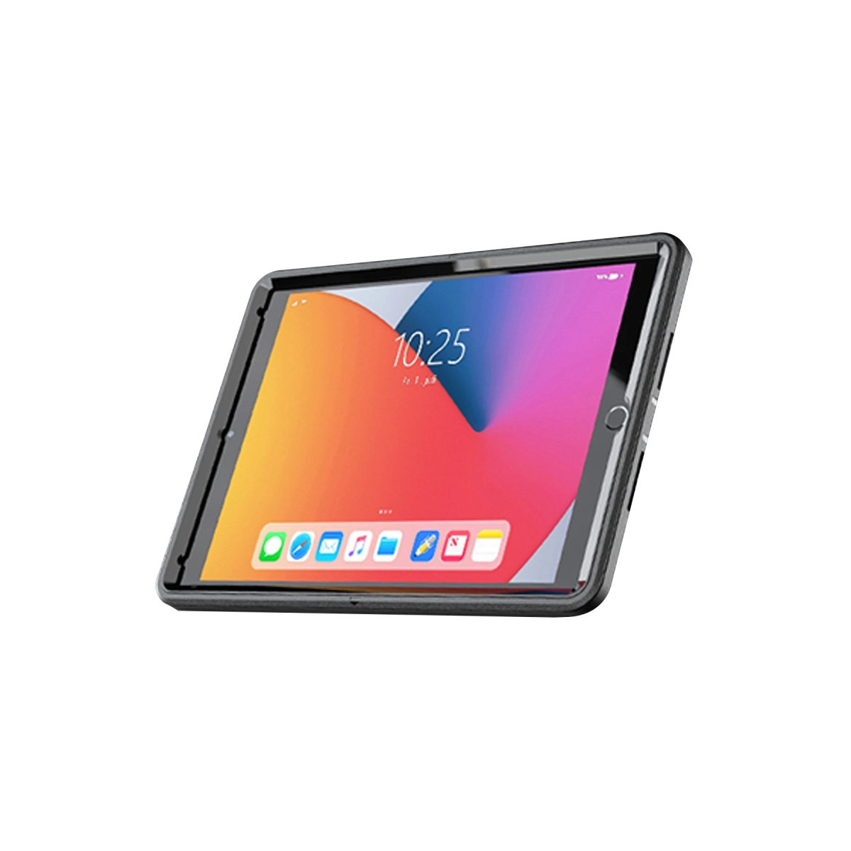 Renkli duvar kağıdı ve uygulama simgeleri gösteren siyah bir tablet.