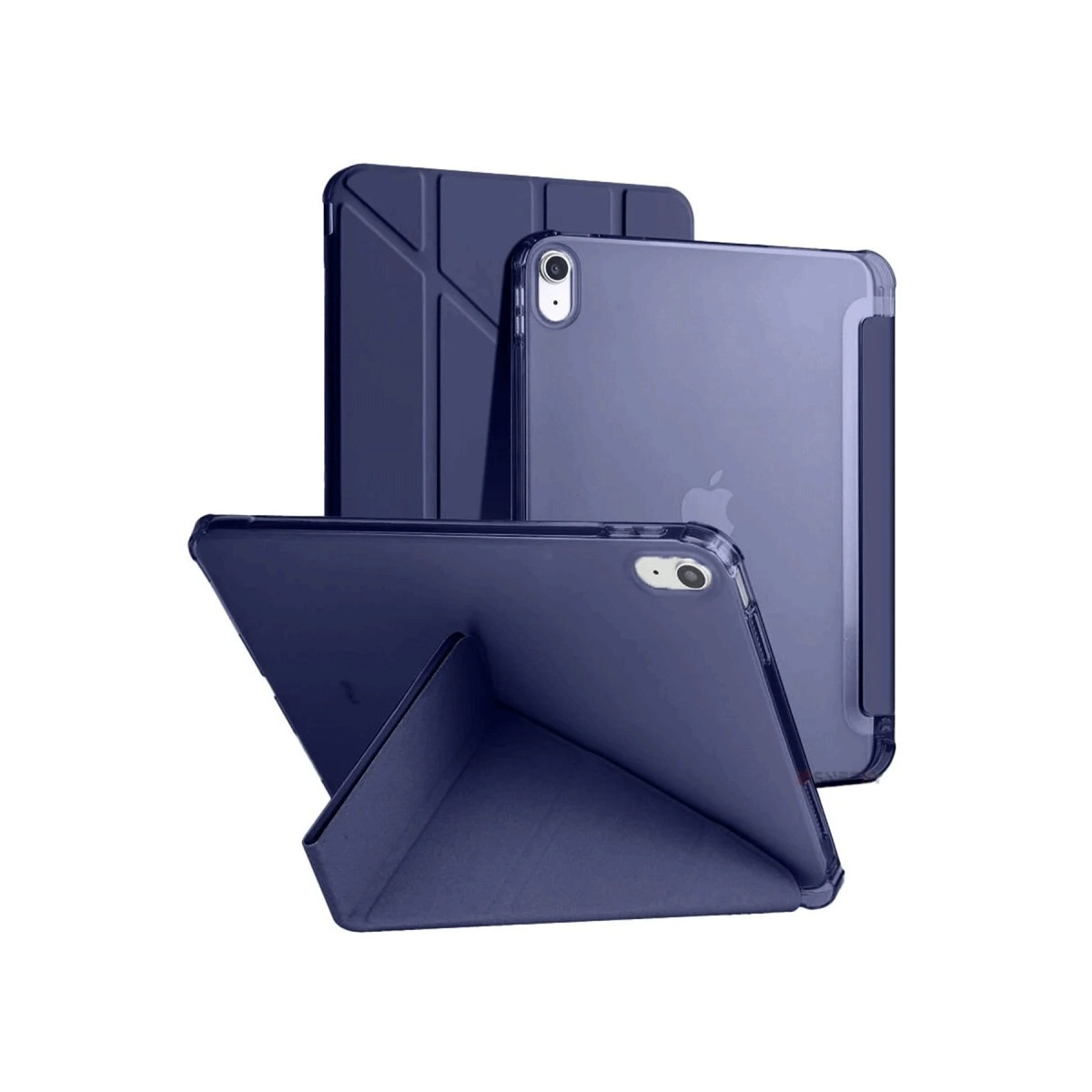 Beyaz arka plan üzerinde farklı konumlarda üç koyu mavi tablet kılıfı.