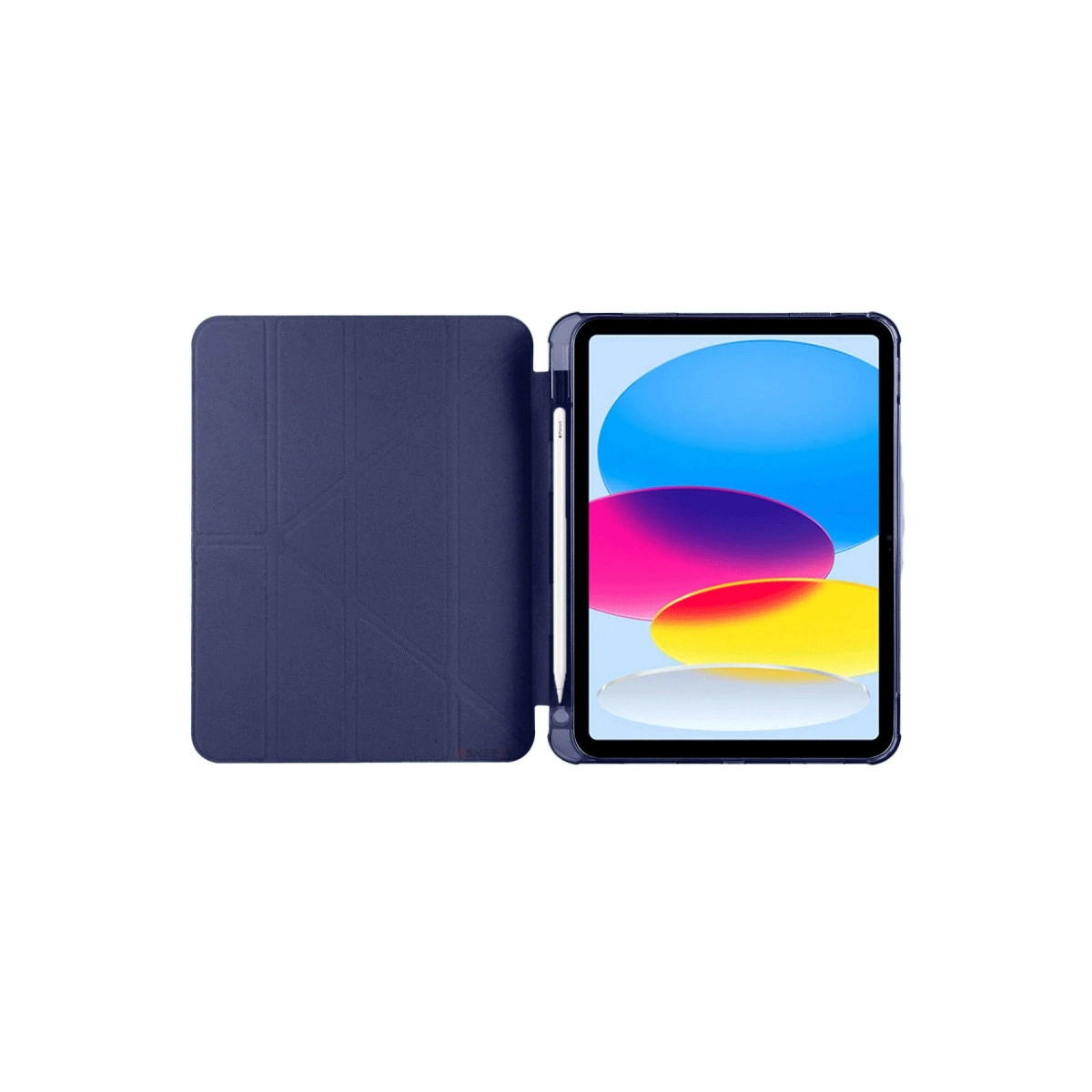 Renkli bir arka plan gösteren, stylusu ve açık kılıfı olan mavi tablet.