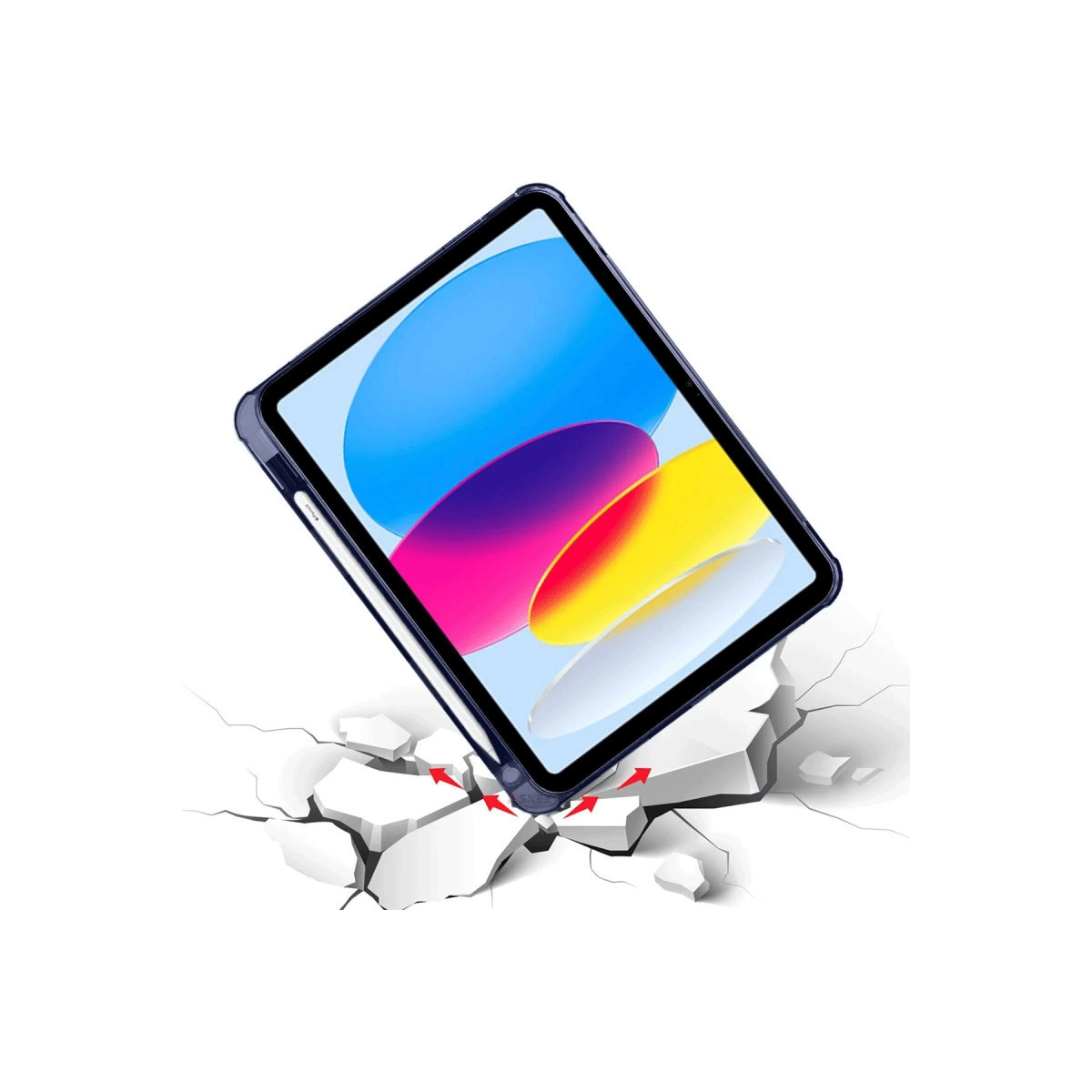 Koyu mavi tablet kılıfında çatlamış zeminde, kırmızı oklar darbeyi gösteriyor.