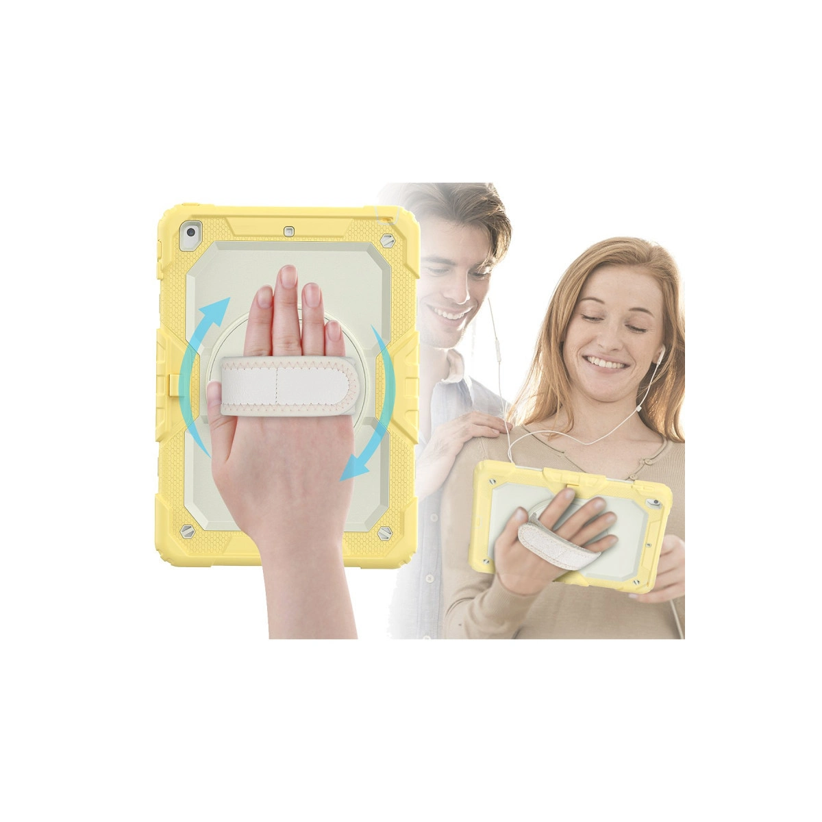 Tutamaklı sarı tablet kılıfı, bir el tutuyor, arkada bir çift.