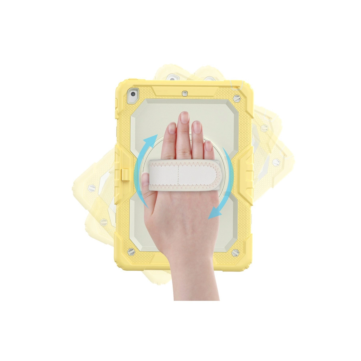 Dönmeyi gösteren oklar ve el kayışı ile sarı tablet kılıfı.