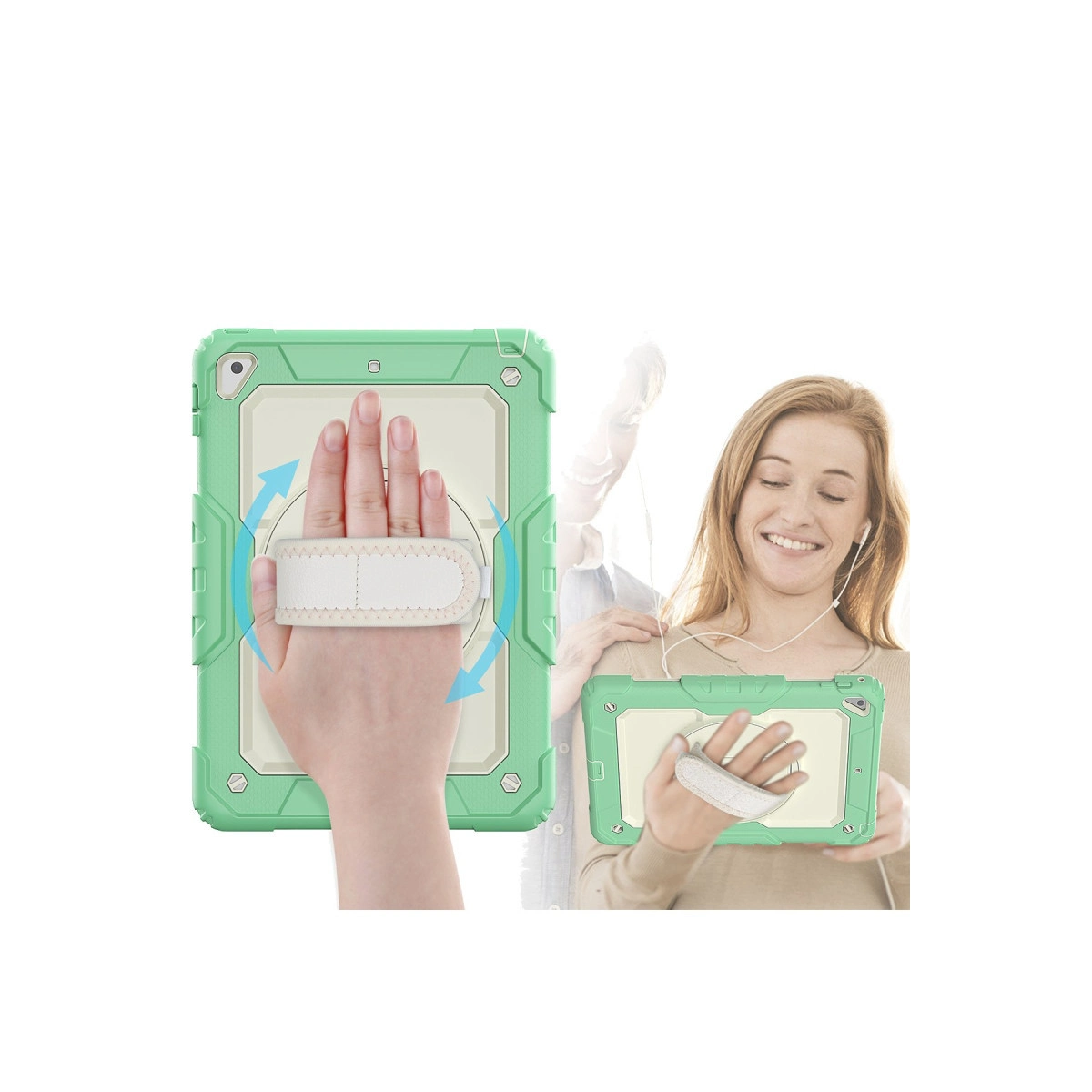Tutma saplı yeşil tablet kılıfı ve tablet tutan bir kadın.