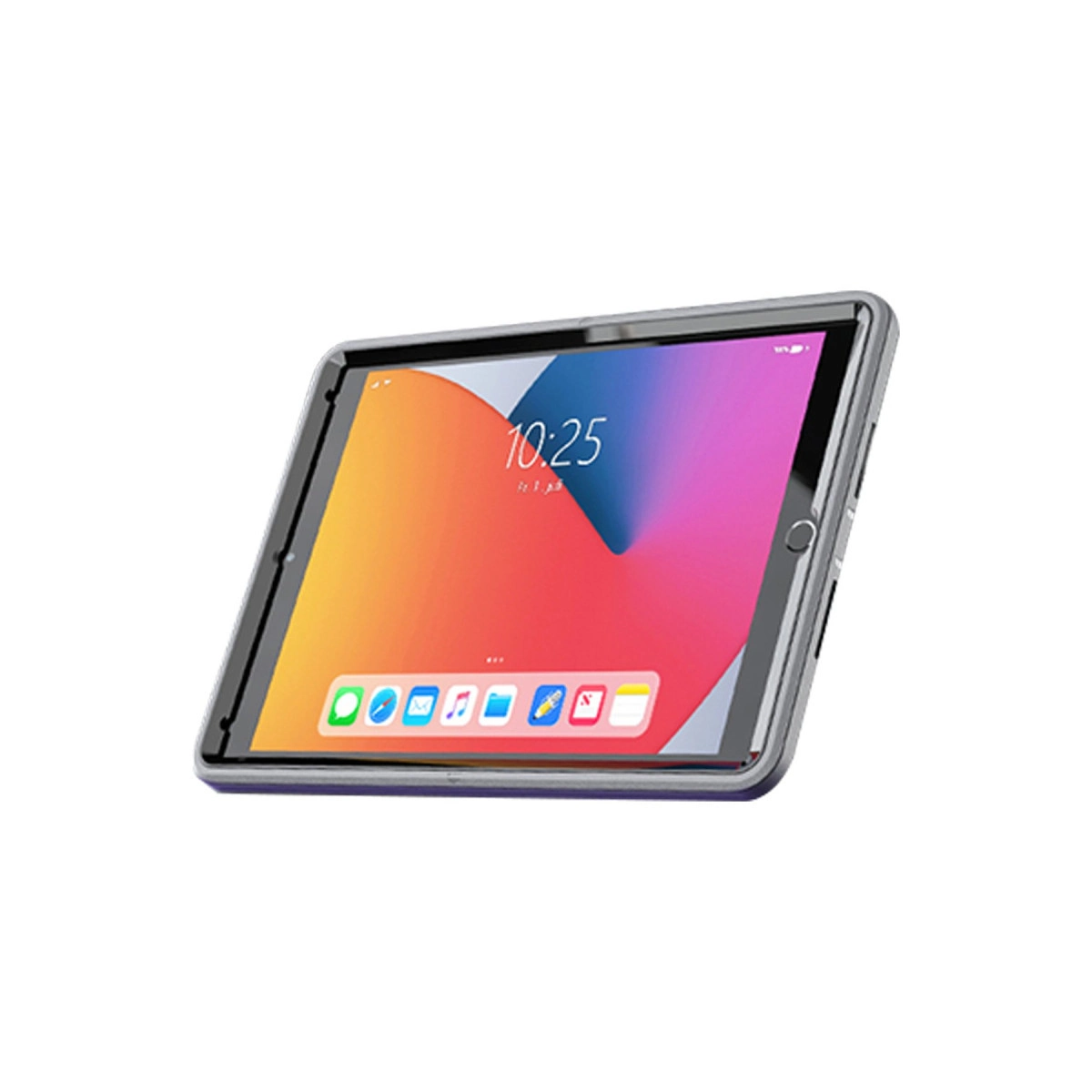 Bir tablet, renkli bir arka plan ve altta uygulama simgeleri gösterir.