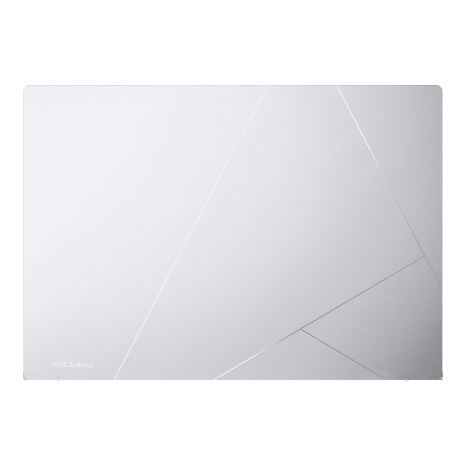 Un ordinateur portable blanc fermé avec logo ASUS Zenbook et lignes géométriques.