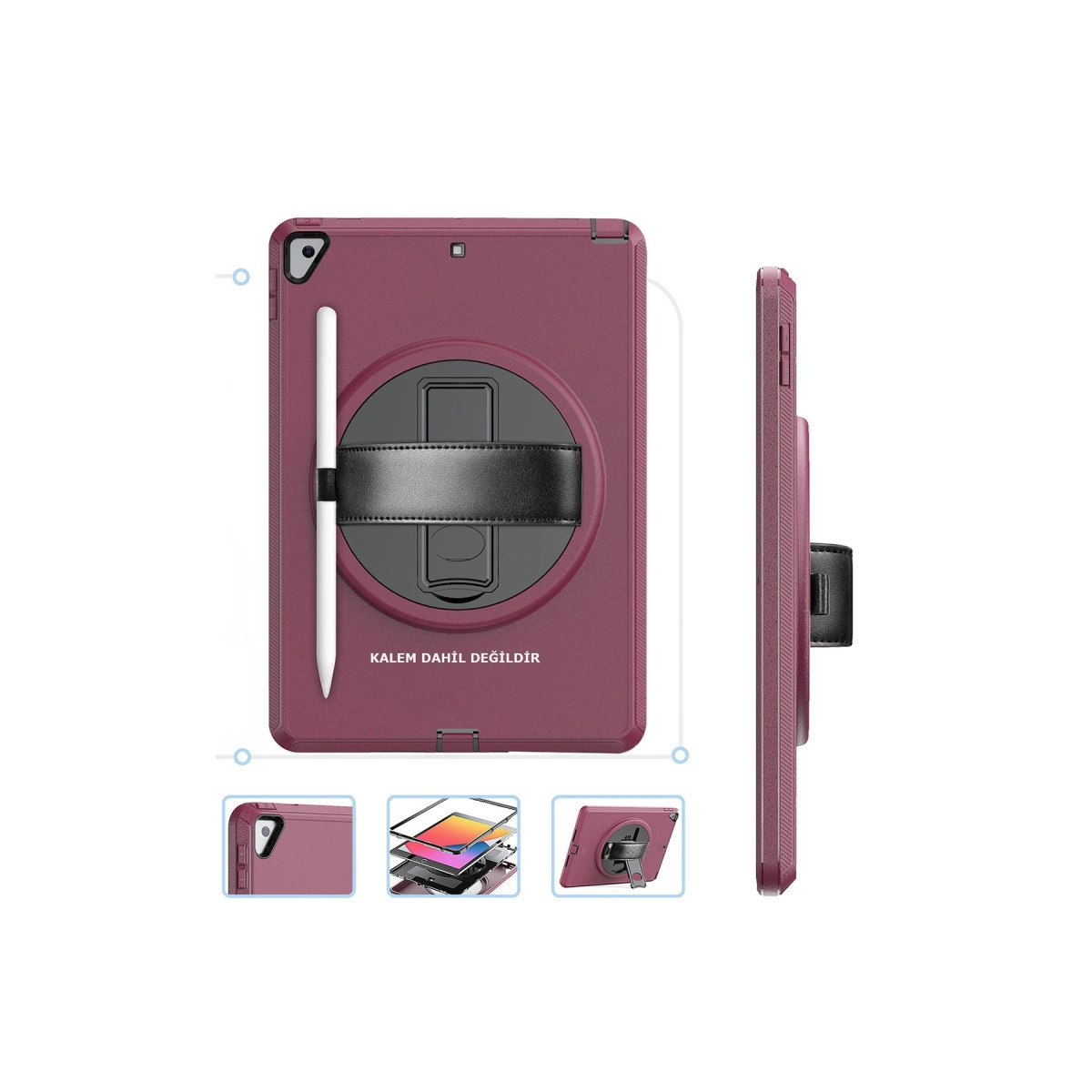 Bordo renkli tablet kılıfı, siyah el kayışı ve kalem tutucu. Yan görünüm ve detay çekimleri dahildir.