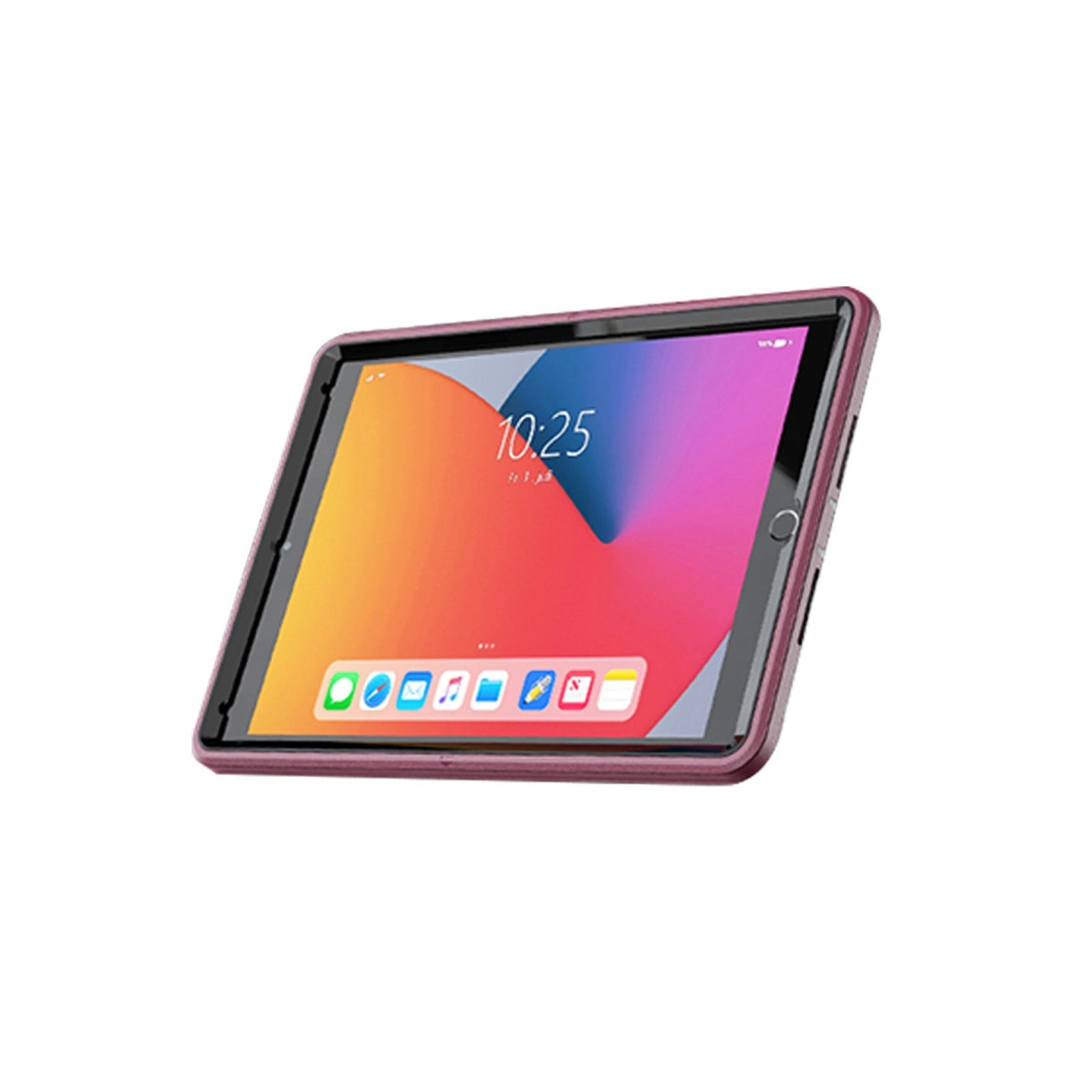 Renkli duvar kağıdı ve uygulama simgeleri gösteren pembe bir tablet.