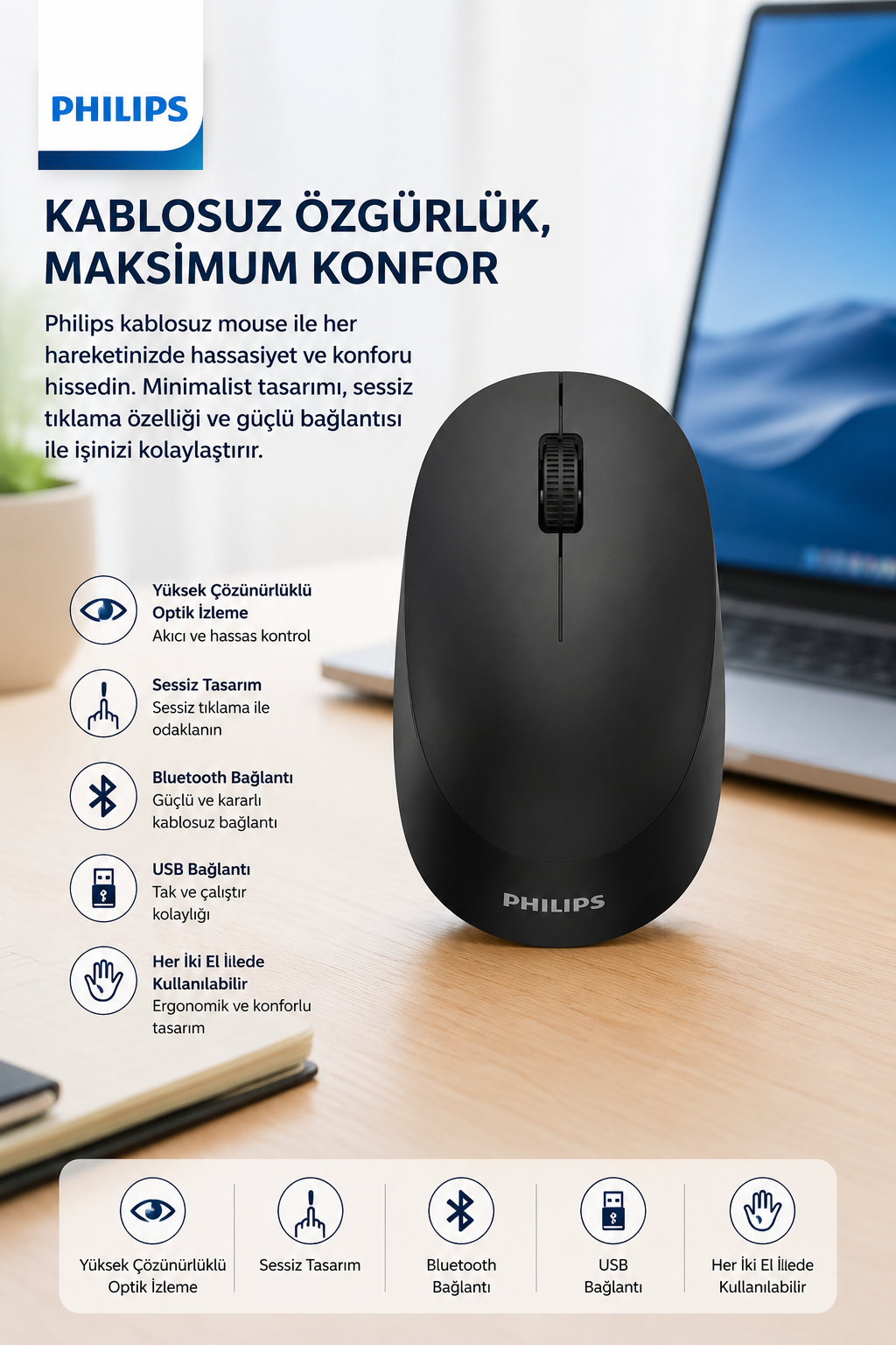 Mouse Philips nero con rotellina accanto a un laptop. Caratteristiche: ottico, silenzioso, Bluetooth, USB.