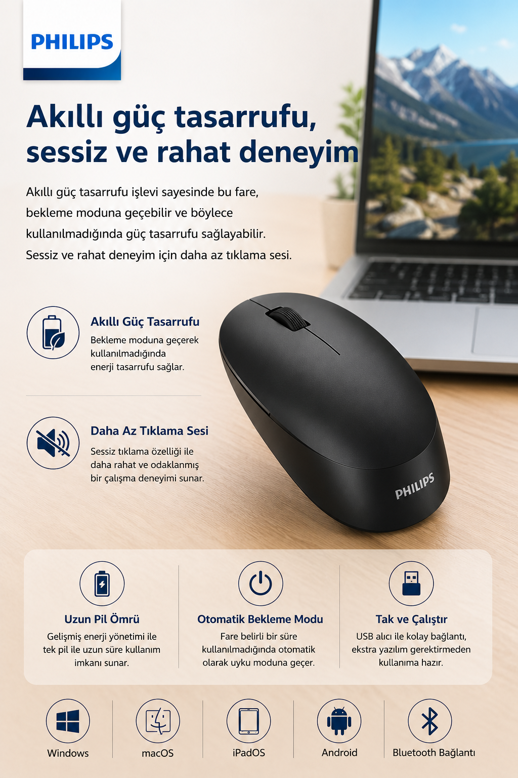Mouse Philips nero accanto a un laptop con paesaggio montano. Caratteristiche: risparmio energetico, silenzioso, lunga durata batteria.