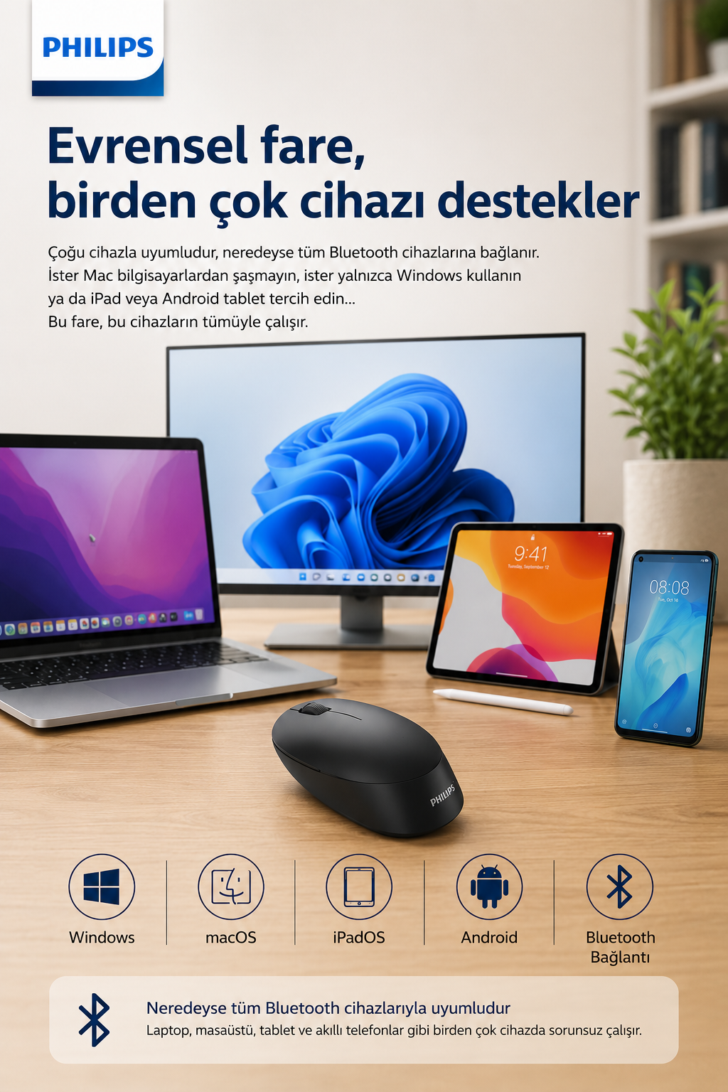 Un mouse Philips nero poggia su una scrivania di legno accanto a laptop, tablet e smartphone.
