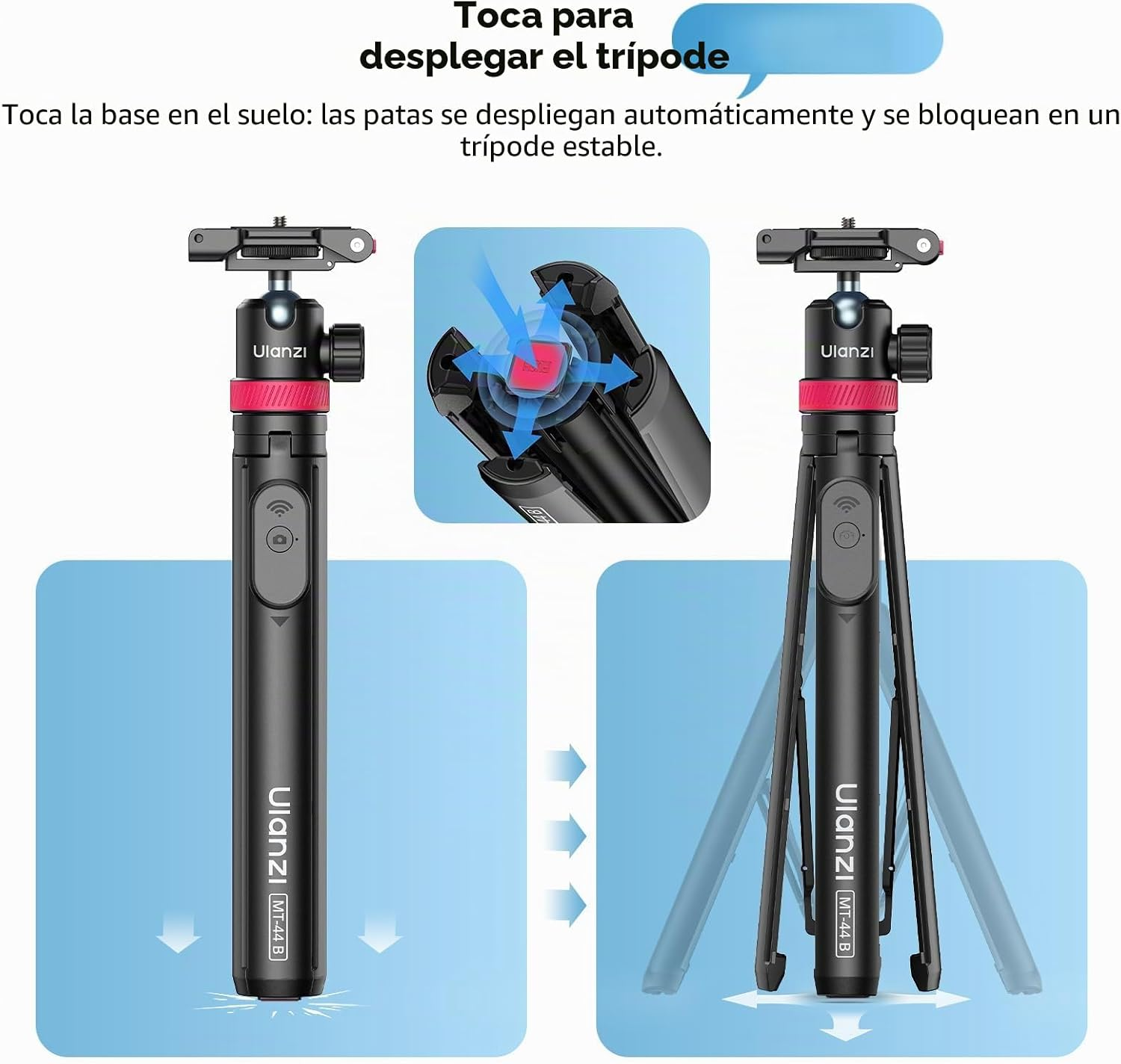 Un trípode Ulanzi negro con detalles rojos despliega sus patas.