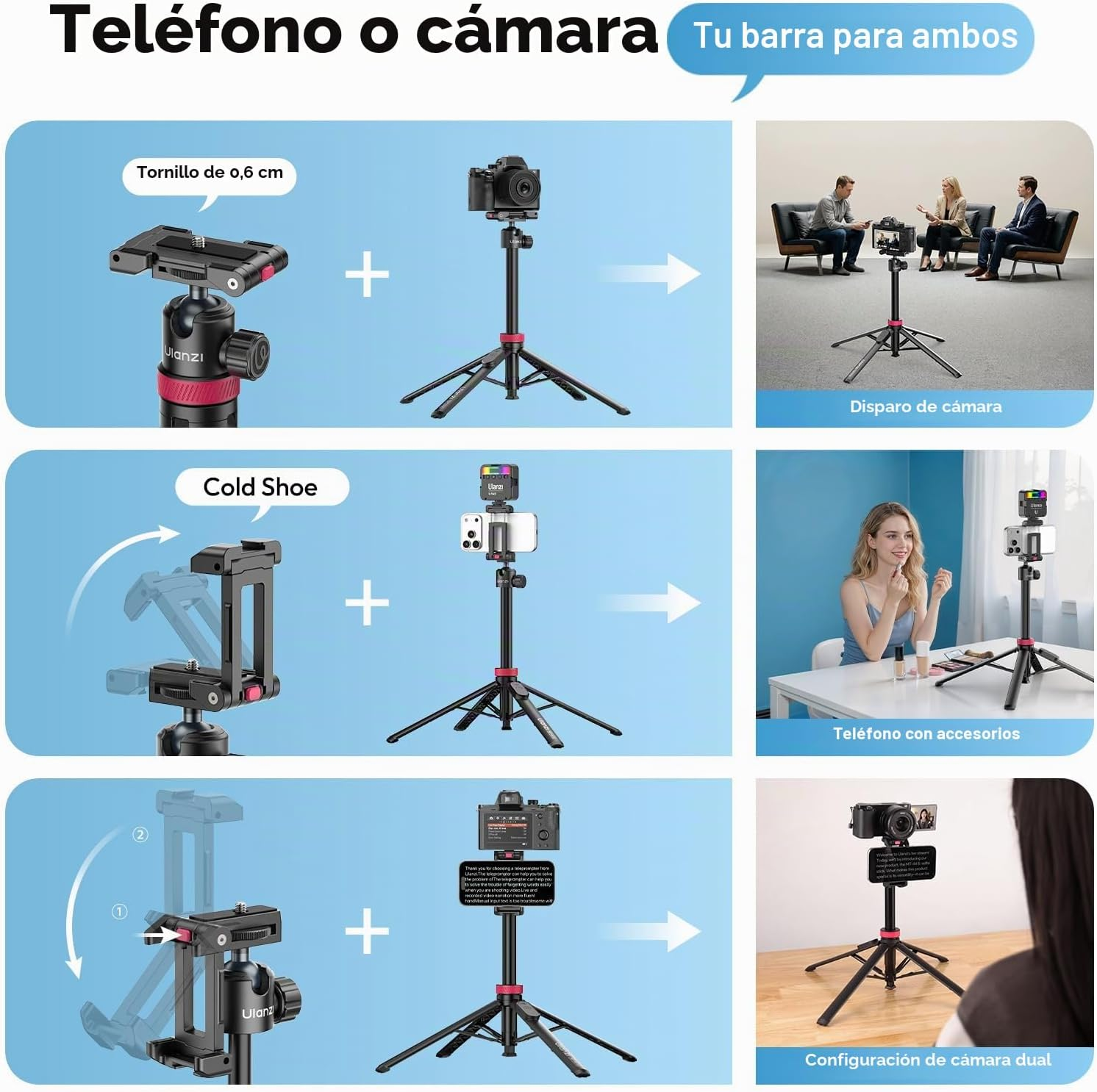 Un trípode con soportes para cámara y teléfono se muestra en tres escenarios.