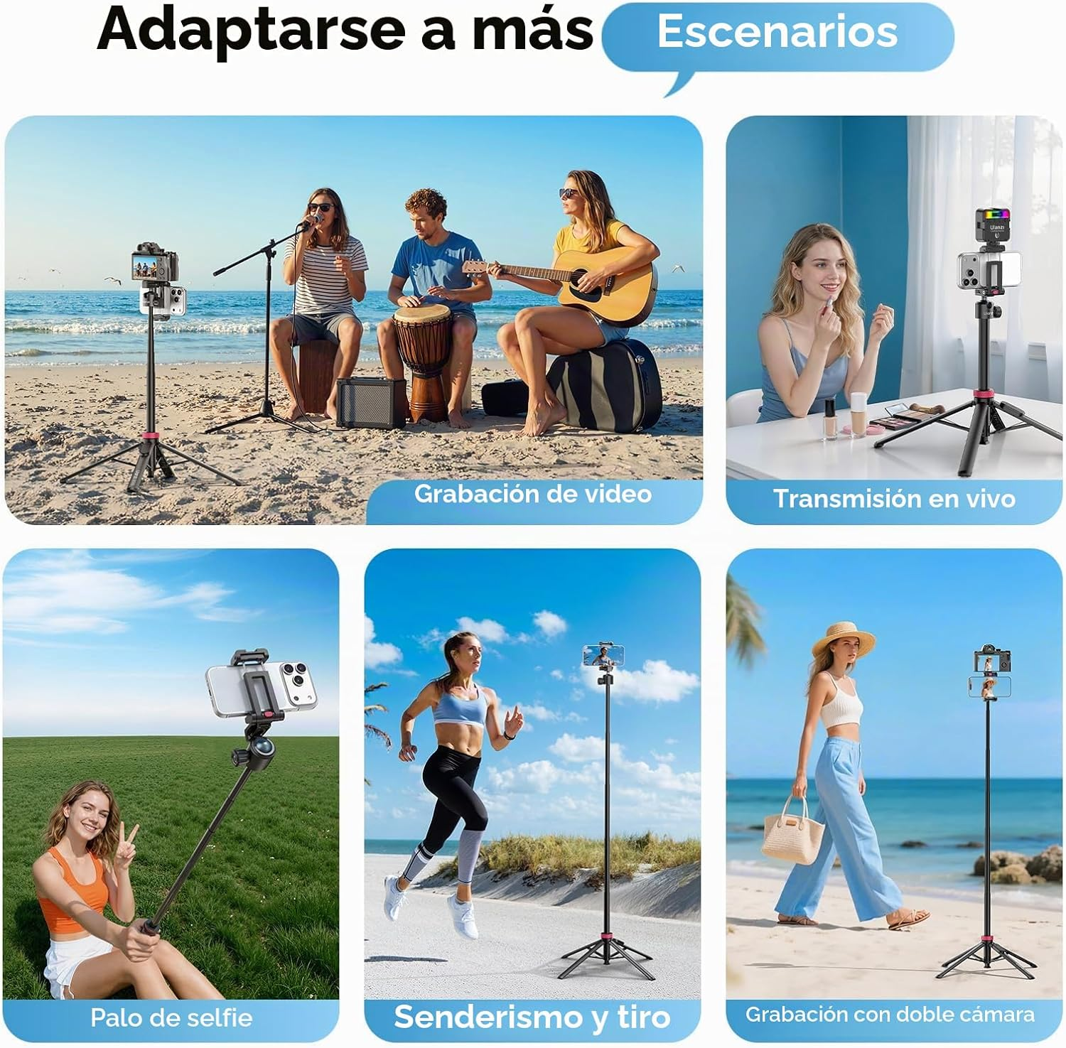Gente filmando en playa, transmitiendo en vivo, sacando selfie, corriendo, filmando en playa.