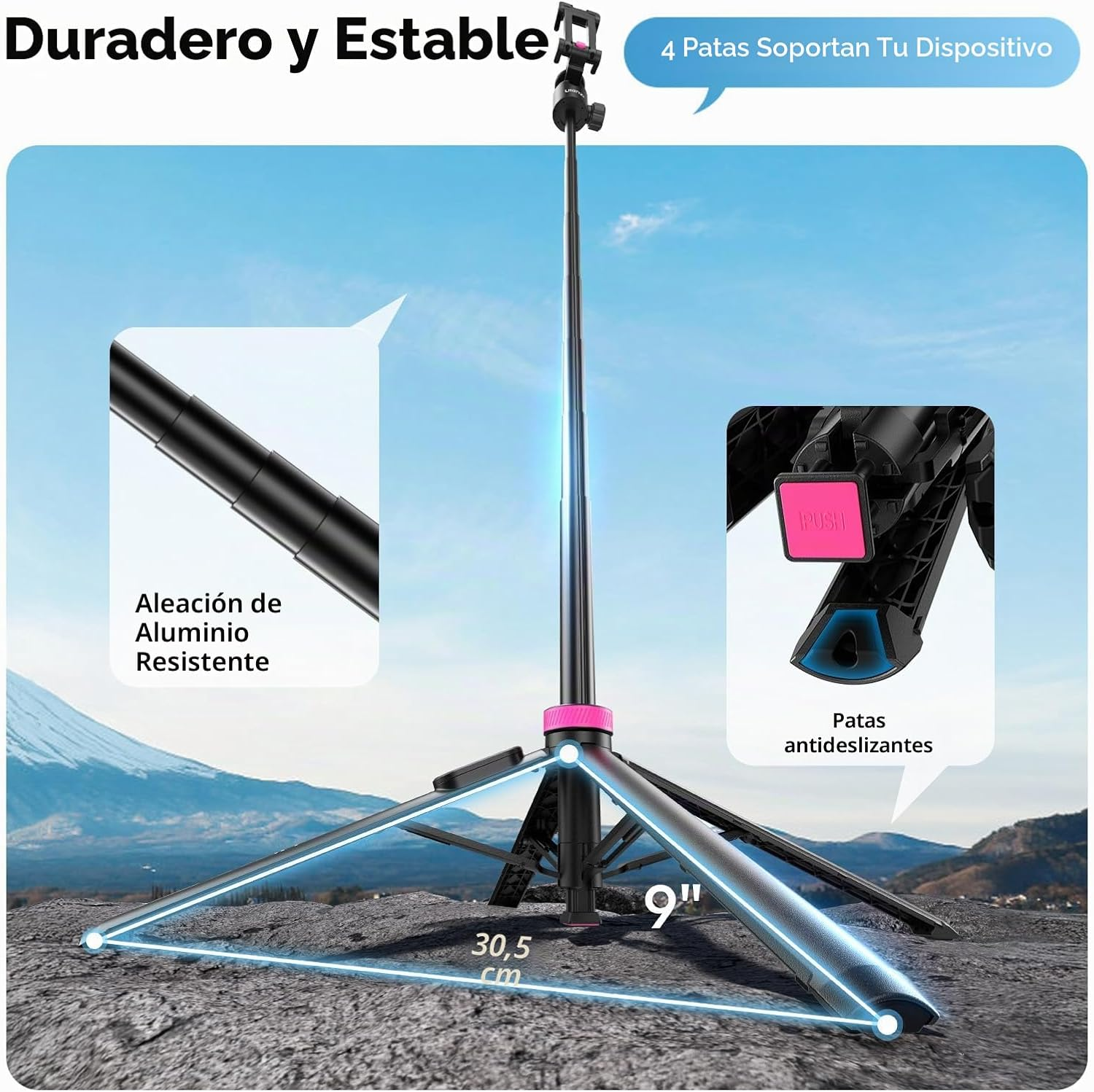Un trípode de cámara resistente con patas de aluminio y pies antideslizantes.