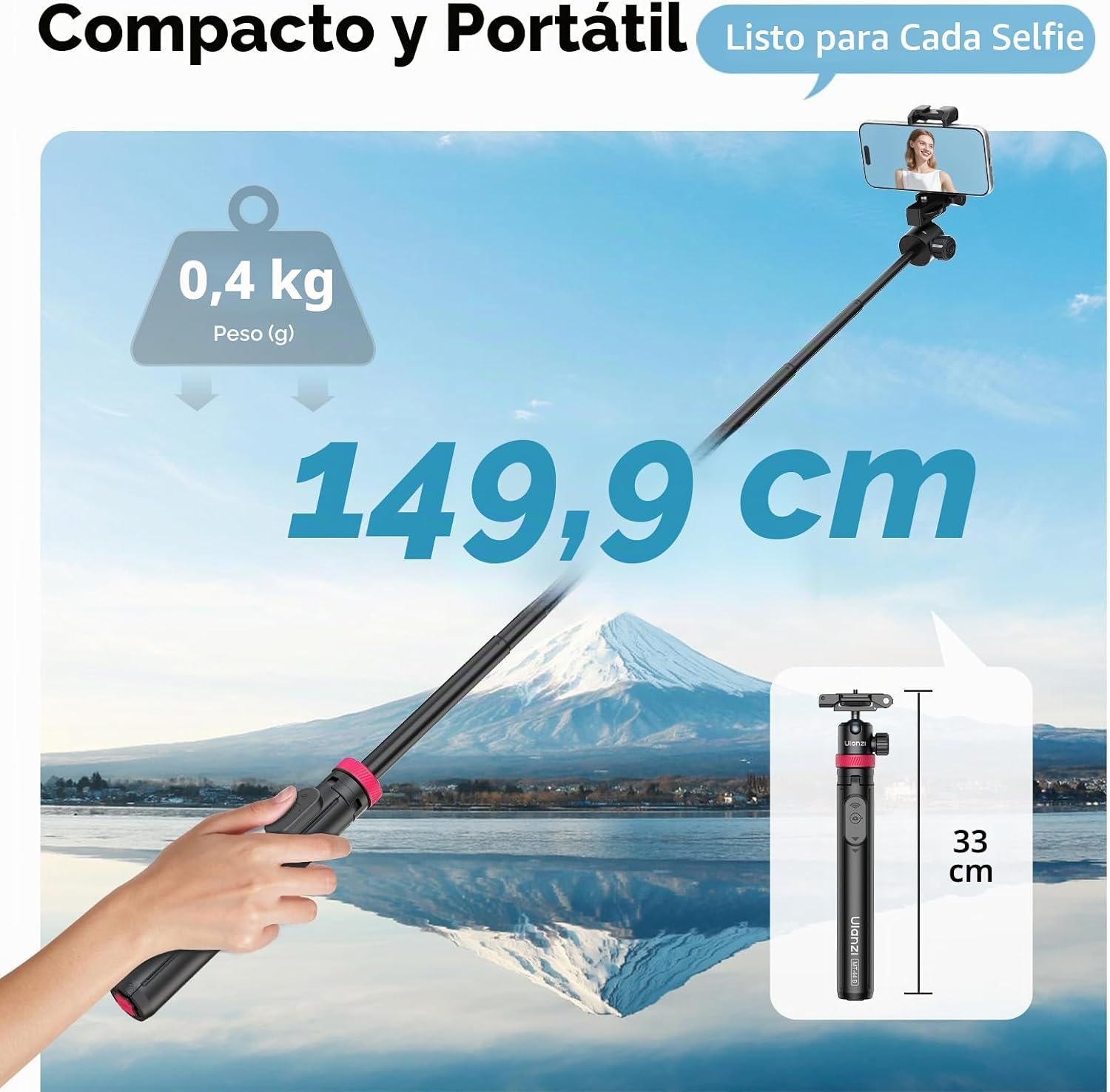 Un palo selfie negro y rosa, de 149,9 cm de largo, sosteniendo un teléfono.