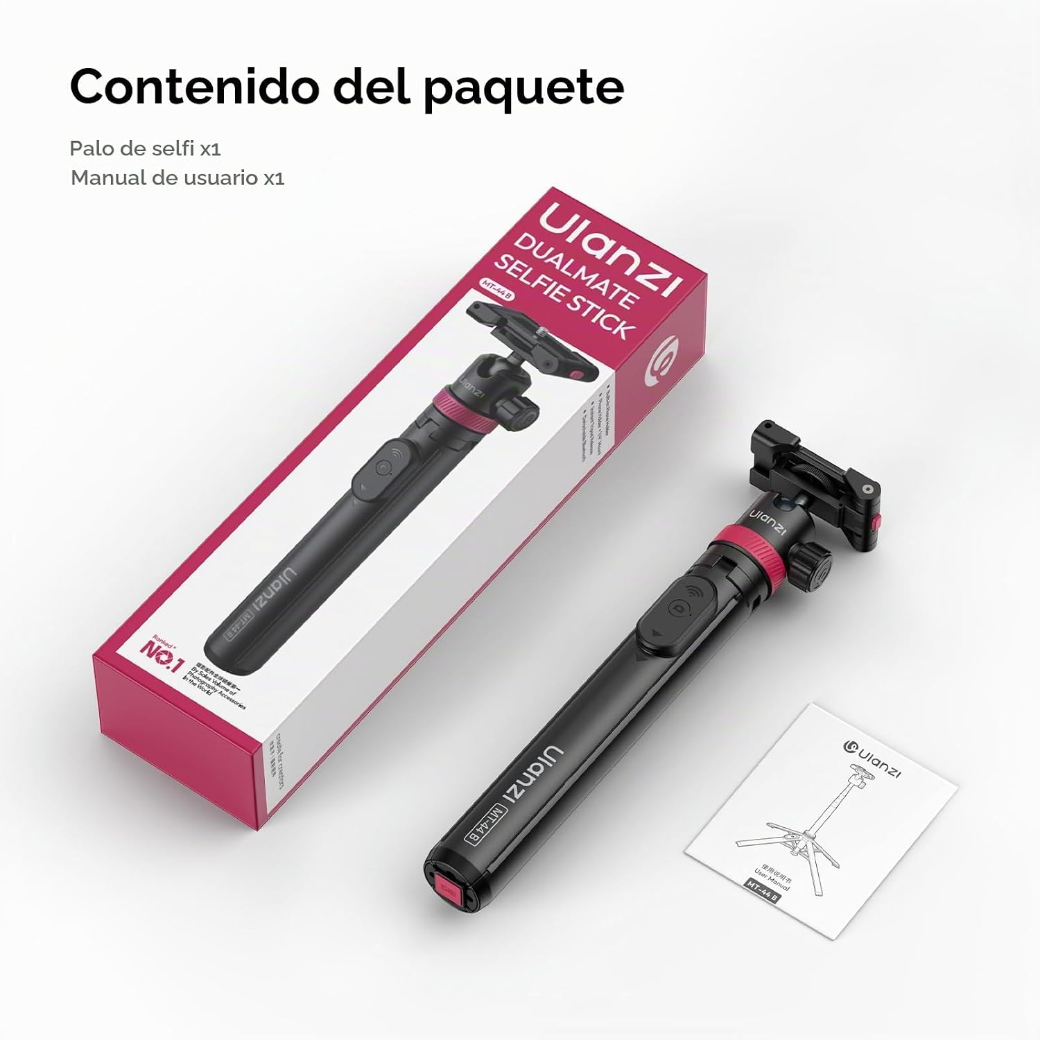 Palo selfie Ulanzi con trípode y manual sobre fondo blanco.
