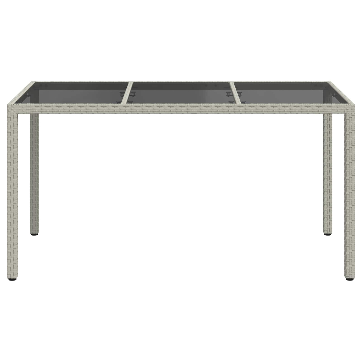 Rechteckiger Tisch mit grauem Rattangeflecht und Glasplatte.