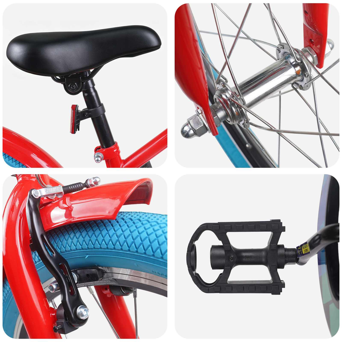 Roter Fahrradrahmen mit schwarzem Sattel, Speichen und Pedal.