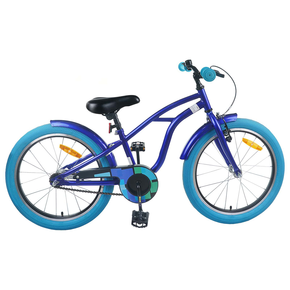 Ein blaues Fahrrad mit blauen Reifen und schwarzen Akzenten steht vor weißem Hintergrund.