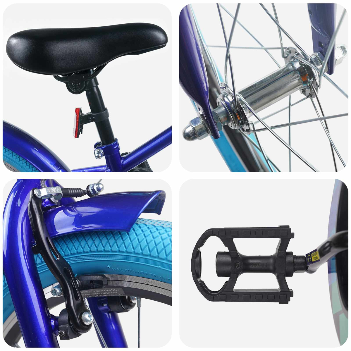 Nahaufnahme eines blauen Fahrrads mit schwarzem Sattel, Speichenrad, Bremse und Pedal.