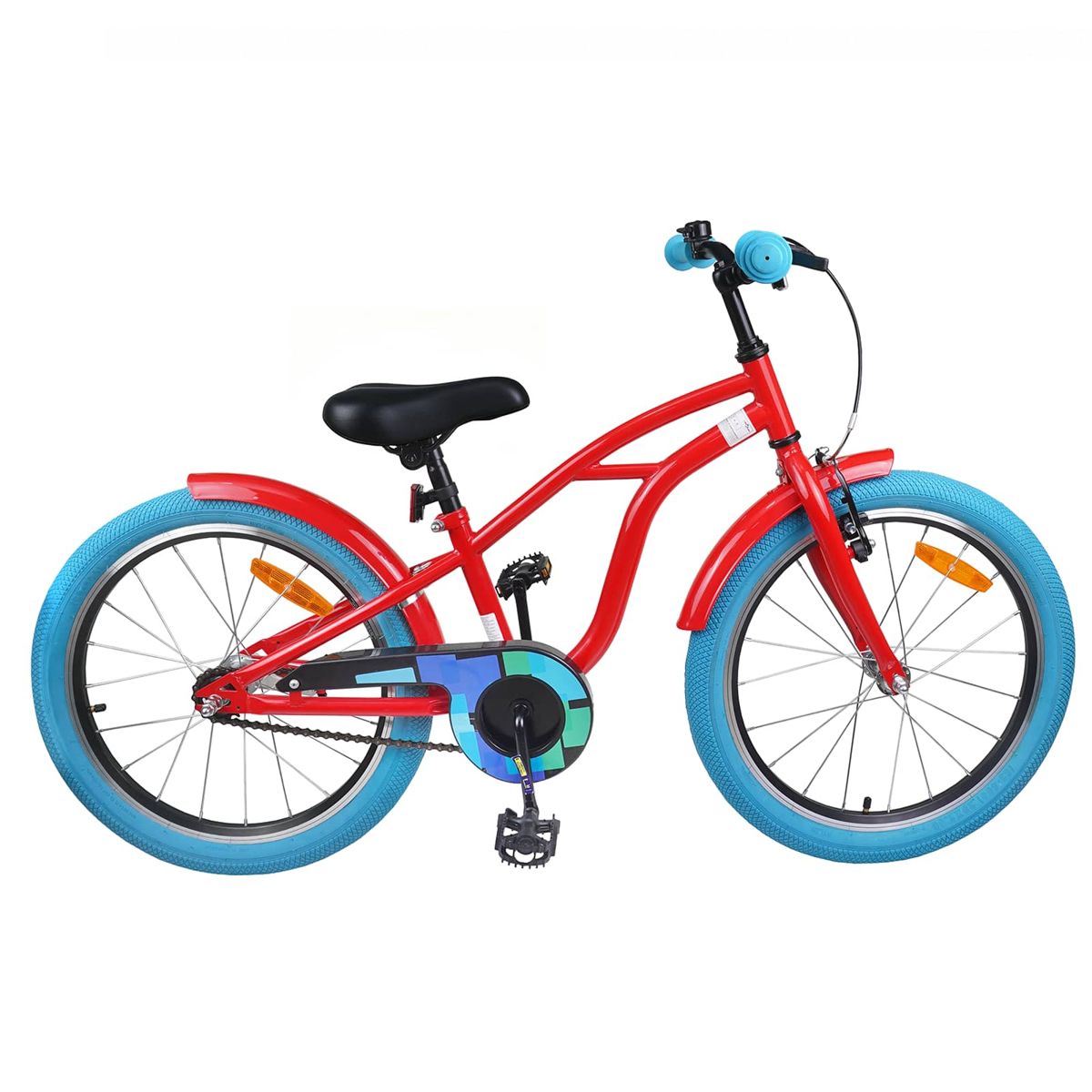 Ein rotes Kinderfahrrad mit blauen Reifen, schwarzem Sattel und blauen Griffen.