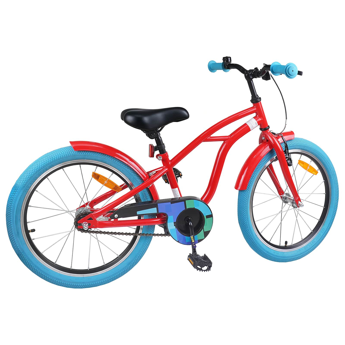 Ein rotes Kinderfahrrad mit blauen Reifen und blauen Griffen.