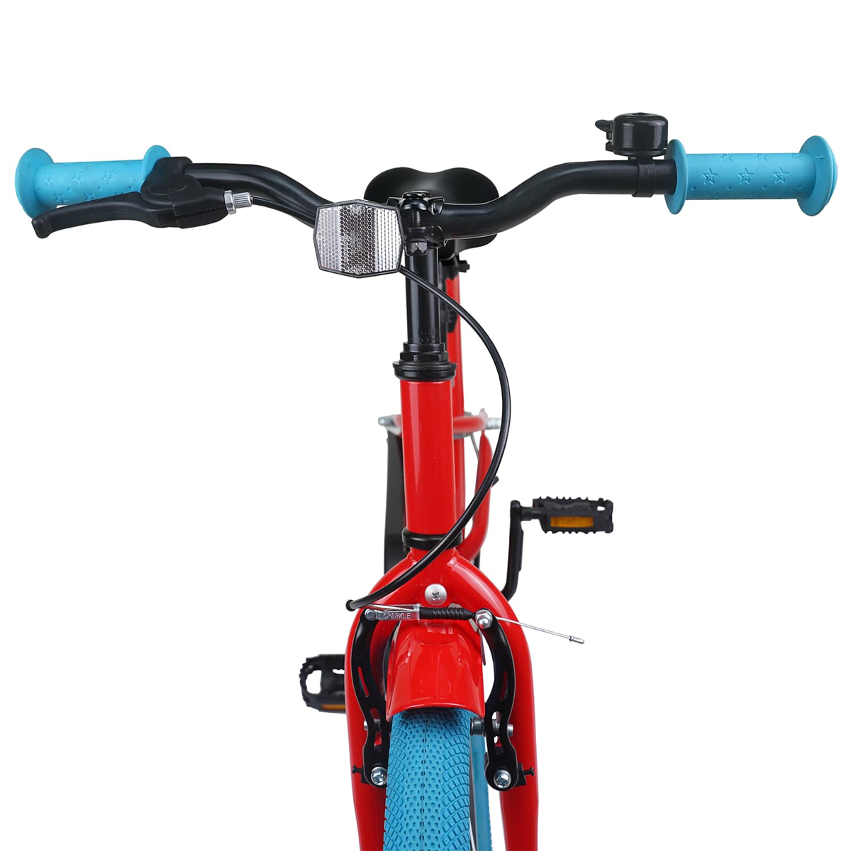 Rotes Fahrrad mit blauen Griffen, Reflektor, Klingel und blauen Reifen.