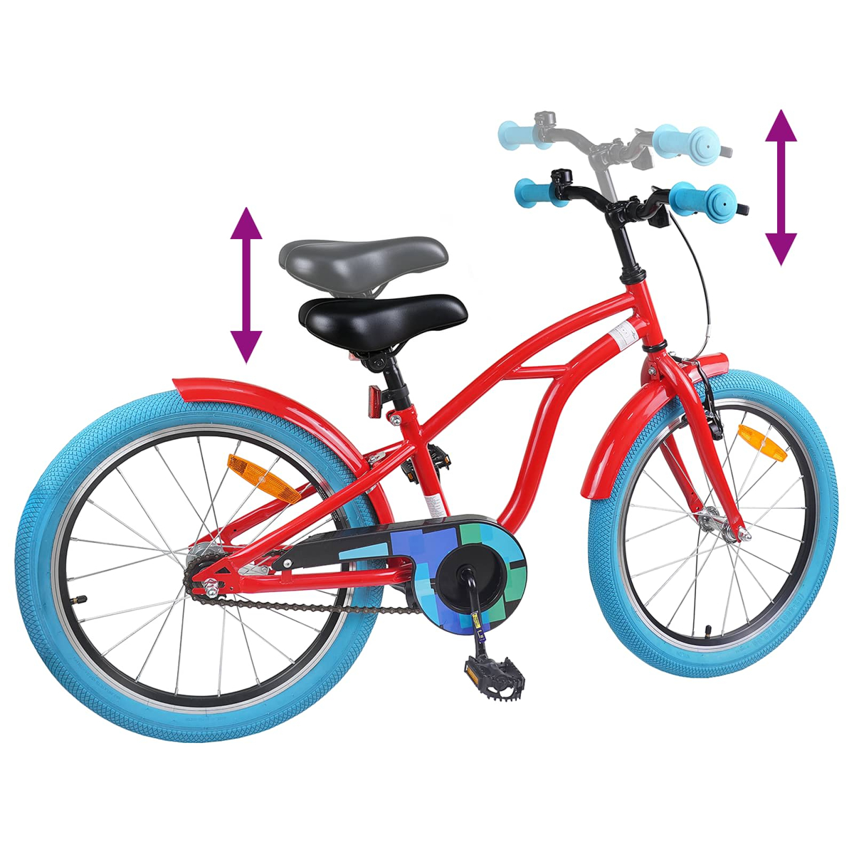 Rotes Fahrrad mit blauen Rädern und verstellbarem Sitz/Lenker.