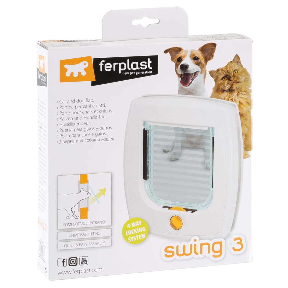 Verpackung einer Ferplast Katzentür mit Hund mit Katze und Produktmerkmalen.