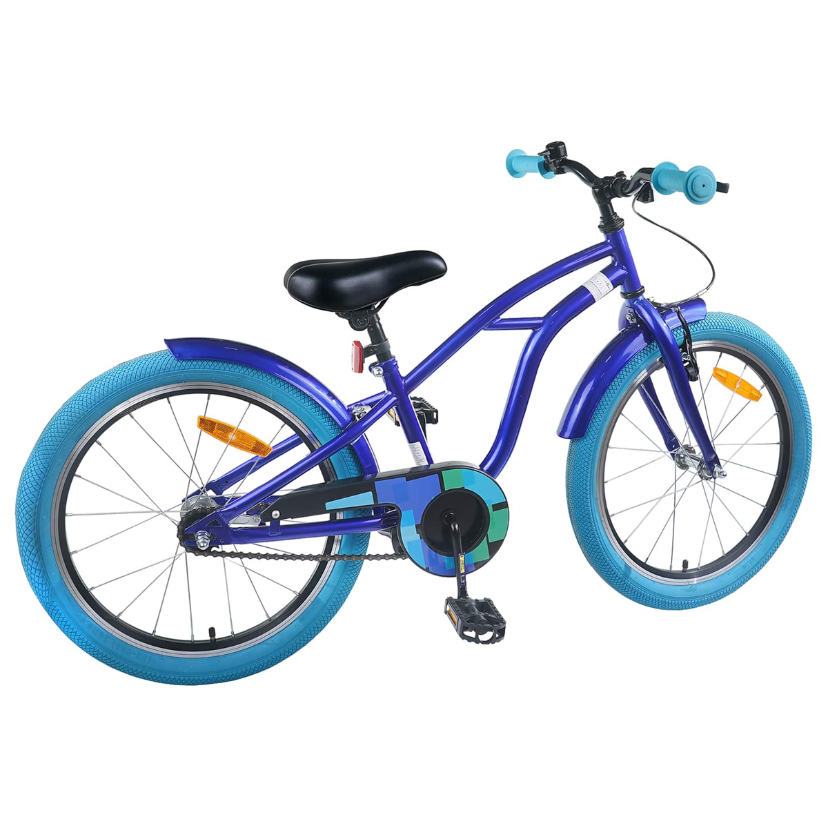 Ein blaues Kinderfahrrad mit blauen Reifen, schwarzem Sattel und blauen Griffen.