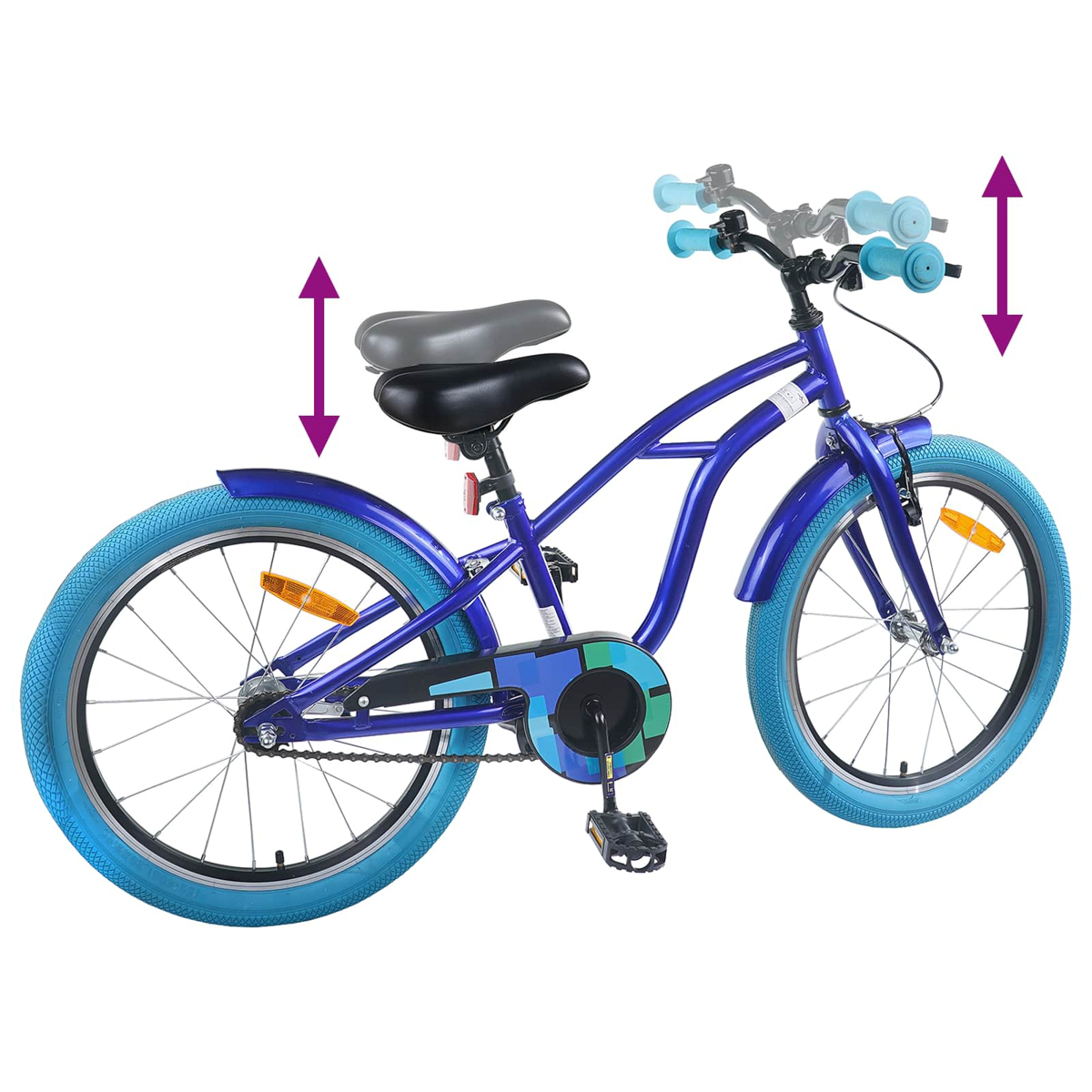 Blaues Kinderfahrrad mit blauen Reifen und verstellbarem Lenker und Sattel.