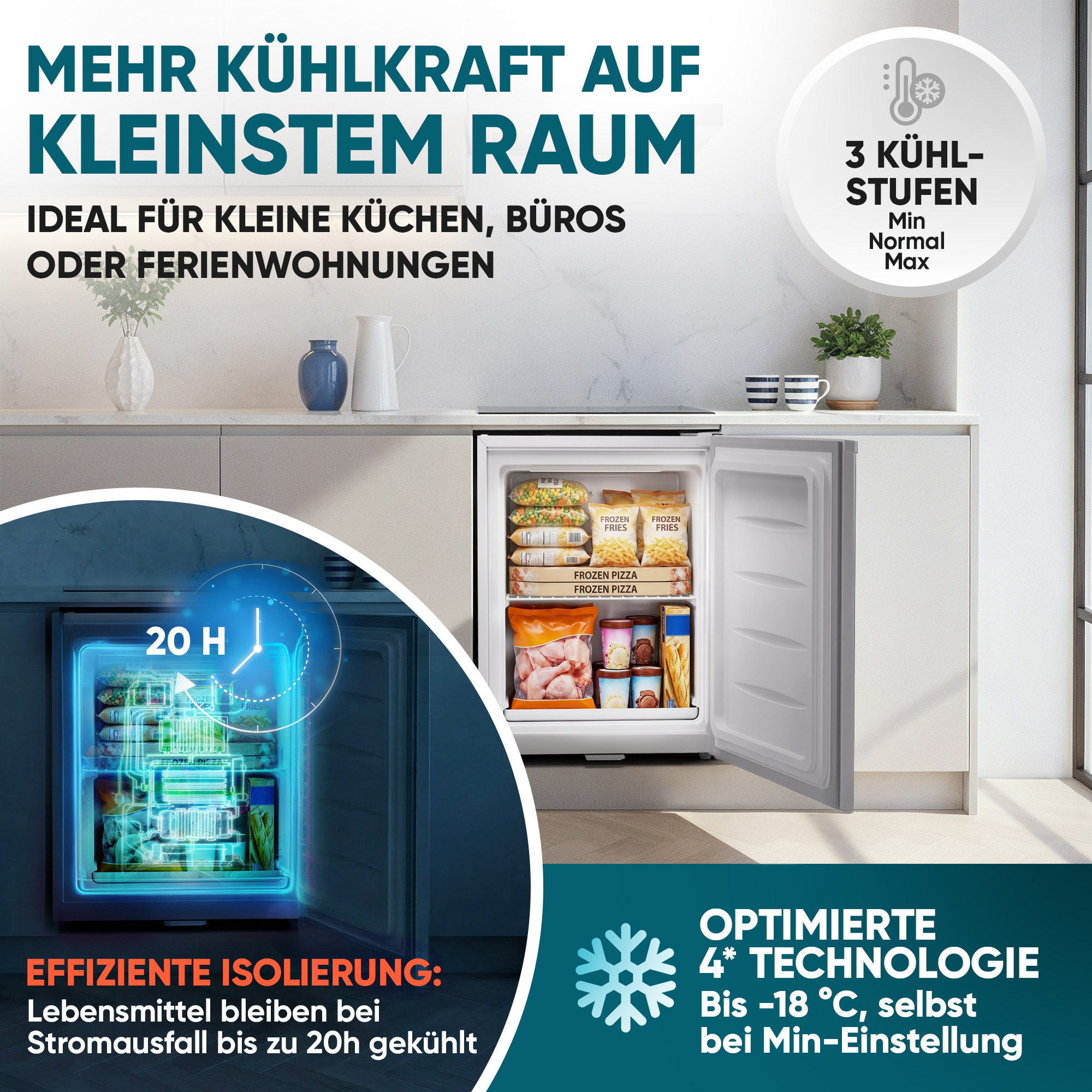 Ein kleiner Gefrierschrank mit 3 Stufen und 20h Kühlung bei Stromausfall.
