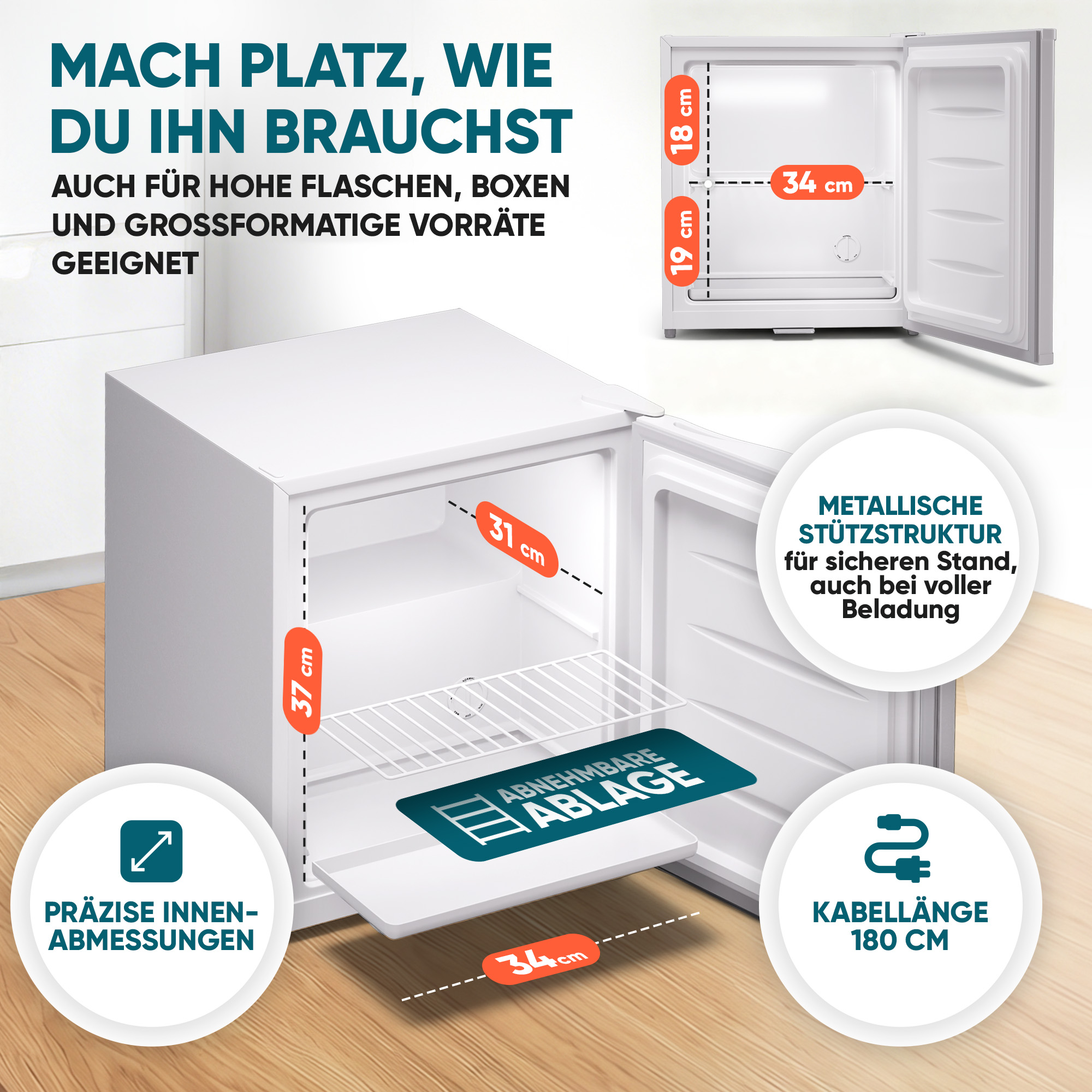 Ein offener weißer Kühlschrank mit Maßangaben und Text über Lagerung.