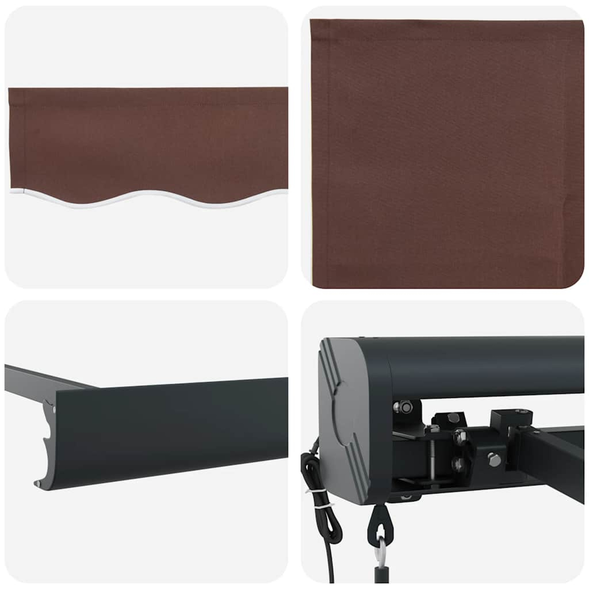 Collage von Markisen-Details: brauner Stoff oben, glatter Stoff, Metallstange, Motor.